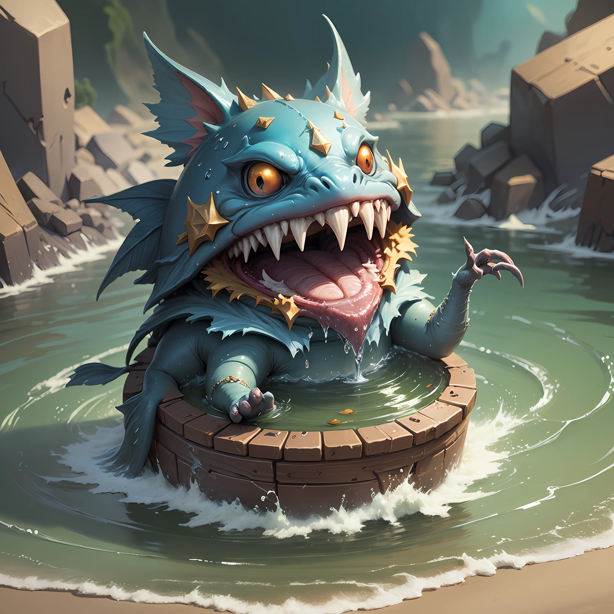 Best Quality, Masterpiece, Awesome, A Sealed Water Attribute Creature, Hearthstone, Emoticon, Non-Human, Wasteland Punk (Water Attribute 1.2), Flattened (1.4), Texture, Dark Simple Background --auto --s2
