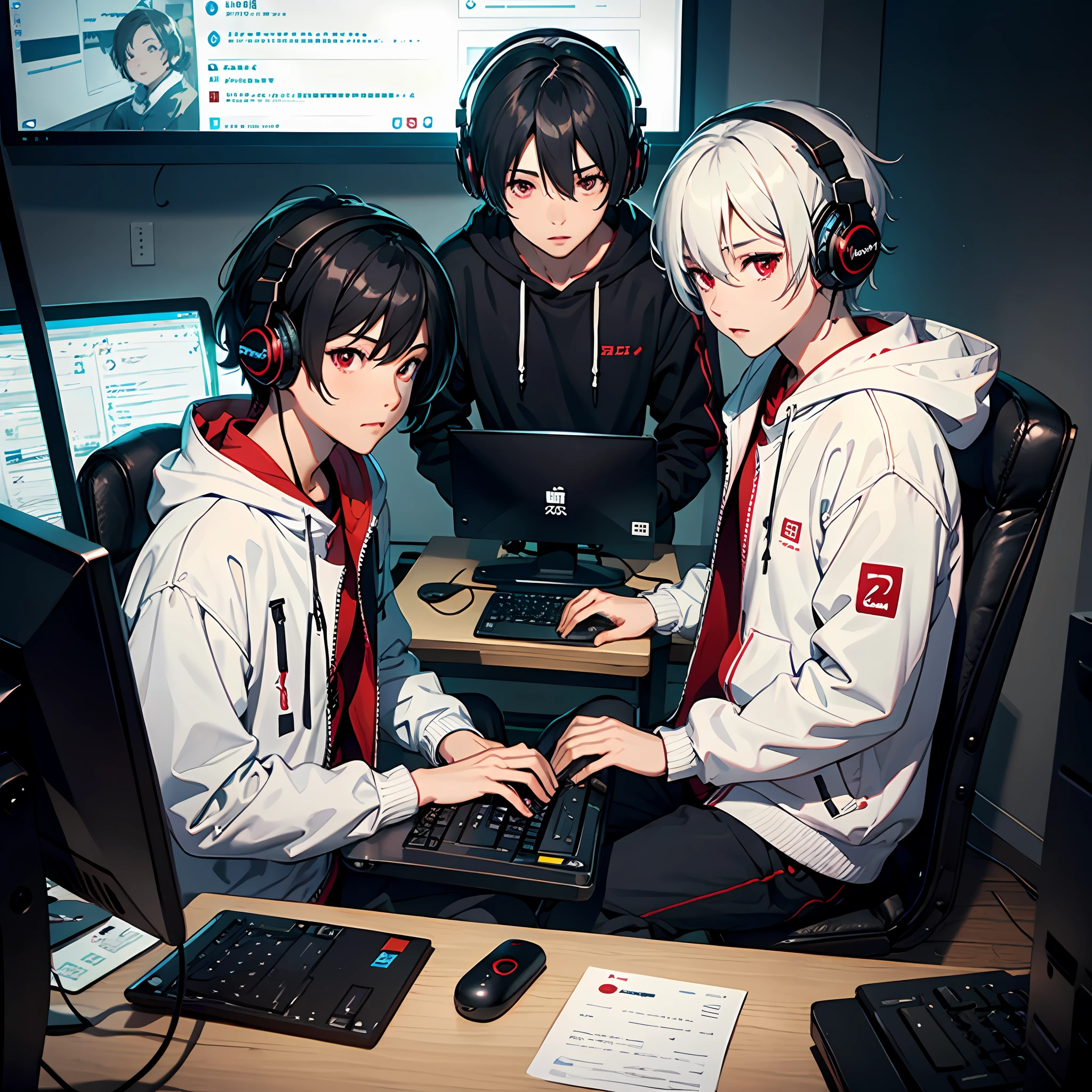 ,高分辨率,超详细,monitor,computer,black hair,multiple boys,sitting,keyboard (computer),chair,indoors,microphone,headphones,white hair,hood,chinese text,2boys,short hair,jacket,red eyes,演播室,