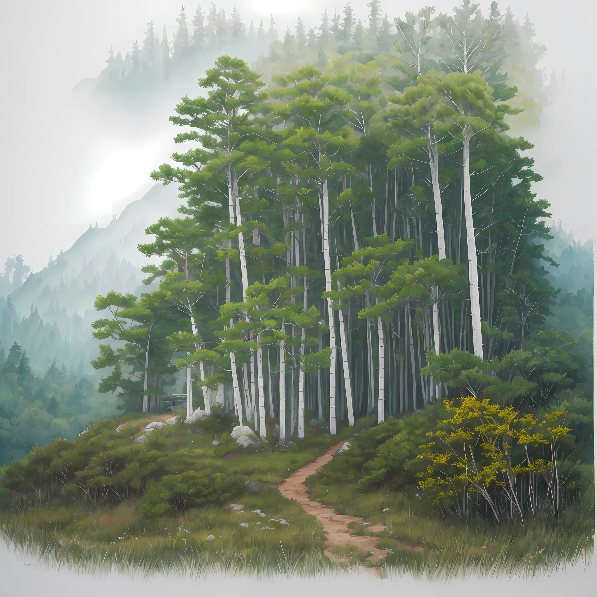 Watercolor drawing, Computer visualized graphics, whirlwind of leaves, "Majestic mountains," "Lush forests," "Glittering lakes," "Desert dunes," "Golden sunsets." realistic fantasy, Extensive landscape ultra photography (general view showing the Forest, slope, white moss and tall pines and an old chapel entwined with ivy), blurred background, rocks in the distance, shore, gloomy, green, warm, magic