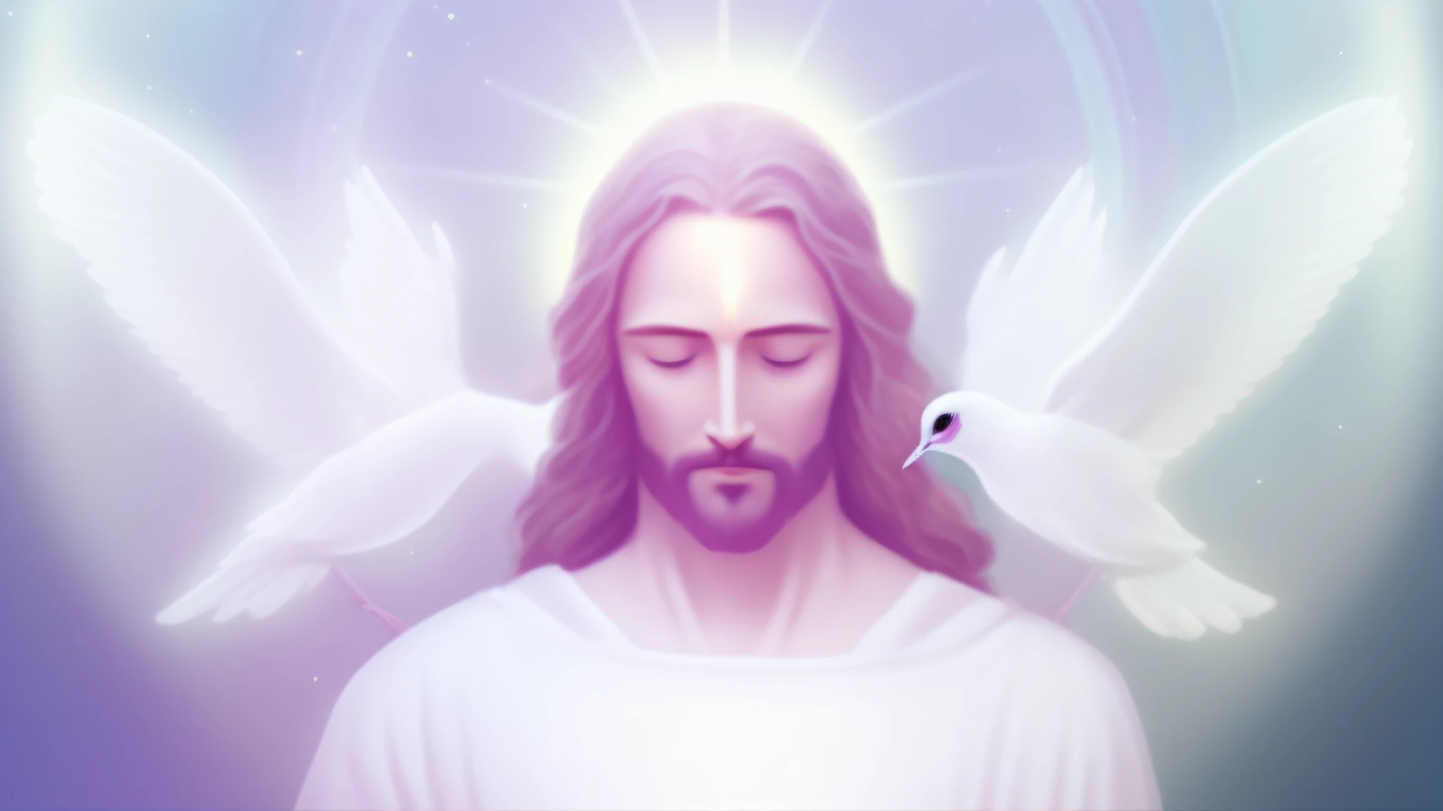 arafed image of a man with a beard and a dove on his shoulder, jesus christ, jesus, glowing holy aura, jesus face, glowing angelic being, holy sacred light rays, visible holy aura, holy aura, portrait of jesus christ, jesus of nazareth, holy imagery, glowing halo above his head, jesus christ in mass effect --auto --s2