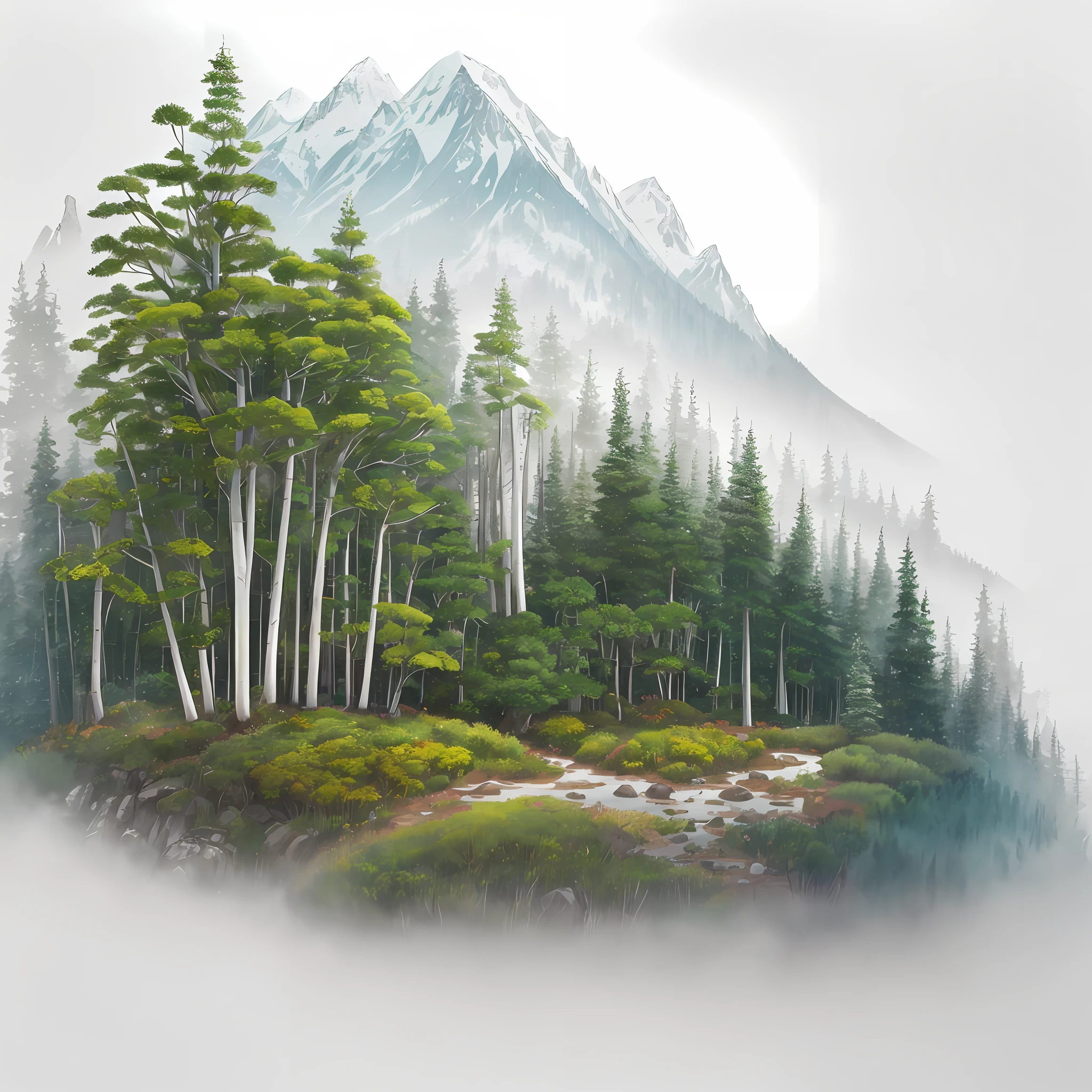 Watercolor drawing, Computer visualized graphics, whirlwind of leaves, "Majestic mountains," "Lush forests," "Glittering lakes," "Desert dunes," "Golden sunsets." realistic fantasy, Extensive landscape ultra photography (general view showing the Forest, slope, white moss and tall pines and an old chapel entwined with ivy), blurred background, rocks in the distance, shore, gloomy, green, warm, magic