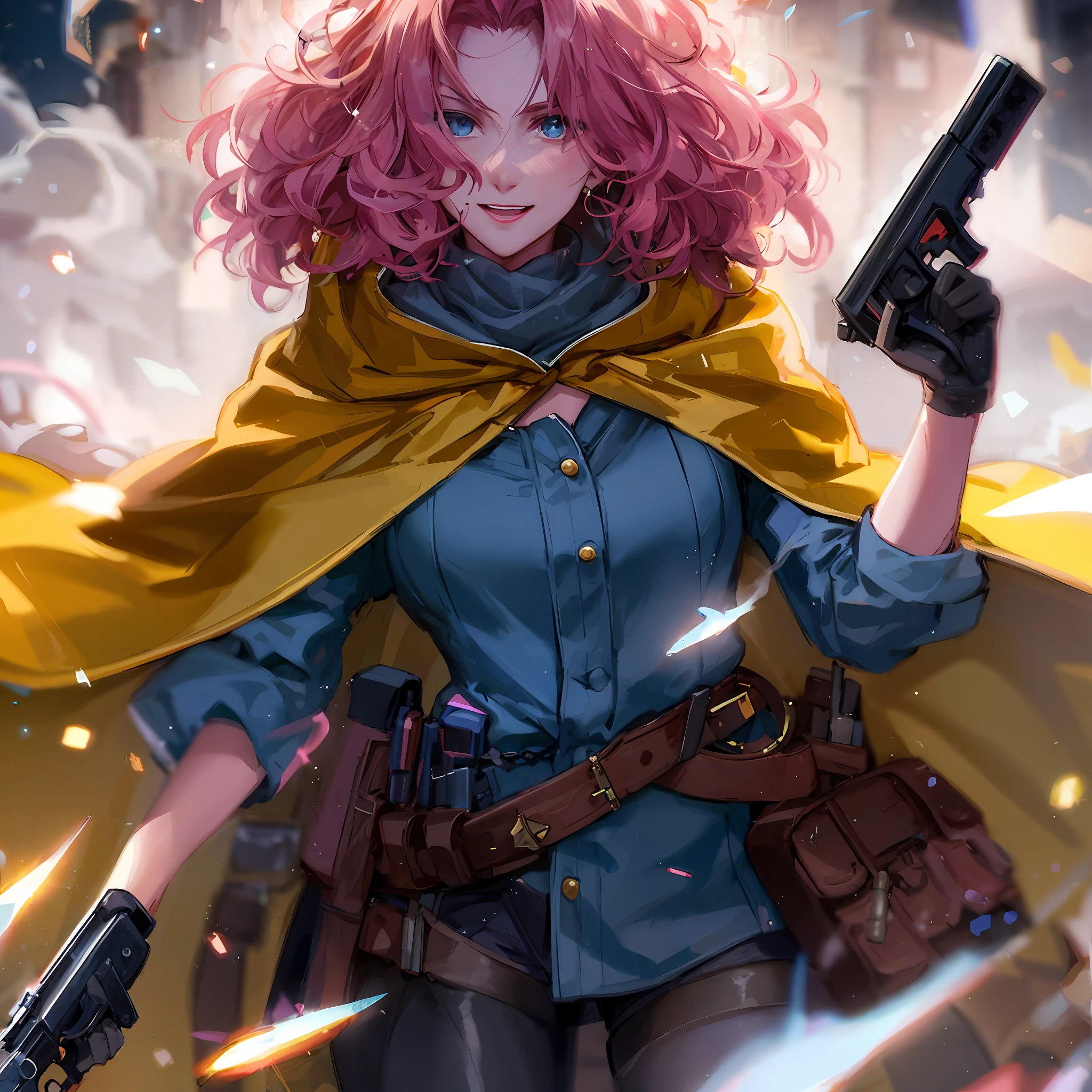 fullbody, A young woman with curly pink hair, detailed light blue eyes, smiling. wears a yellow cloak and mask, holds two guns. in an assassin scene, sparks and smoke around her. watching with charm and wit. detailed effects, blur, masterpiece, detailed textures and pixels, ultra detailed skin textures, perfect body. 8k resolution, by Madhouse studio. “Assassin Perfect World”. trending on pinterest. perfect high-quality anime illustration.