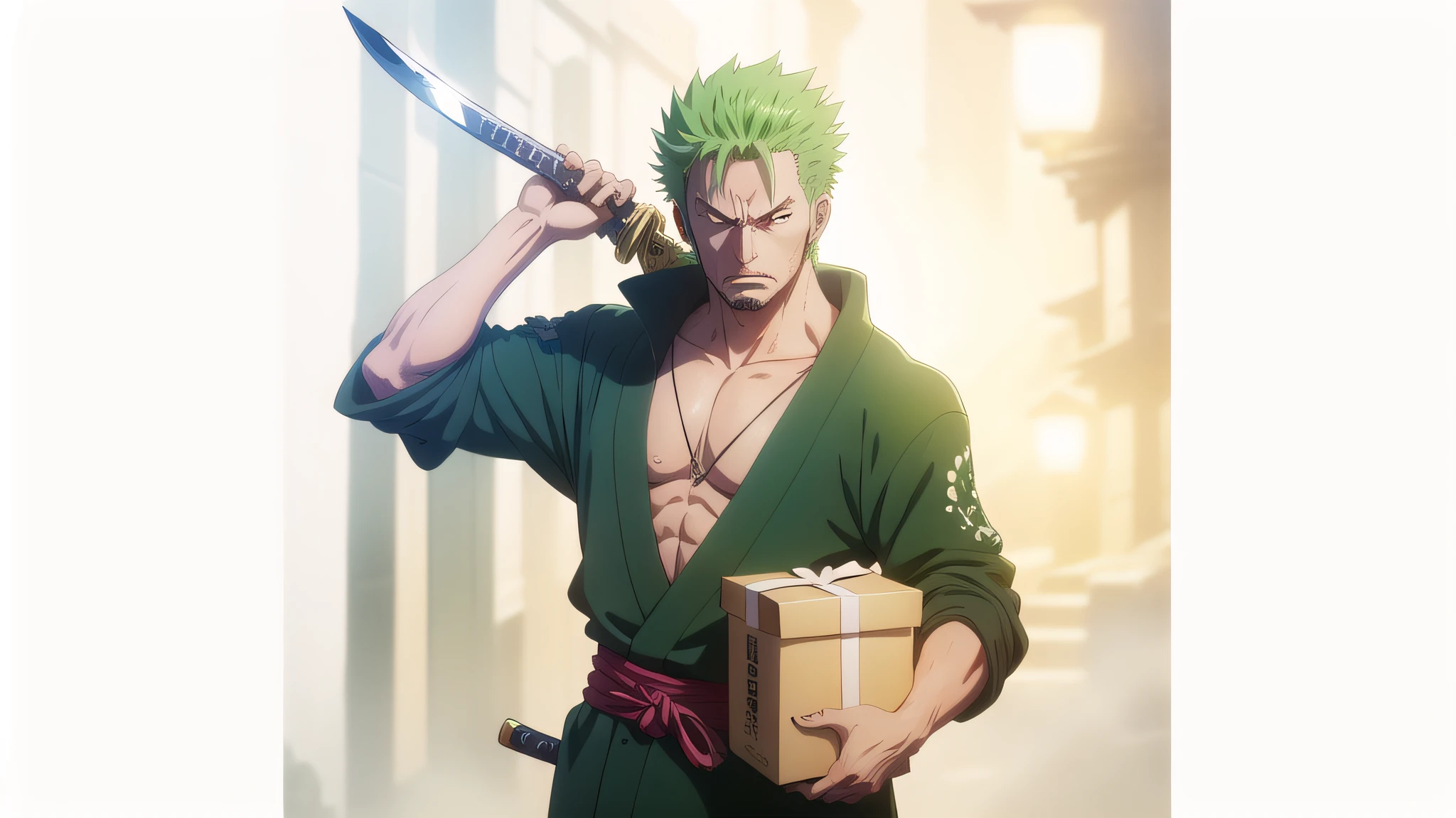 (2D art), (anime style), 2d art, intricate details, man, green hair, Japanese clothes, cicatris in the eye, angry appearance, katana resting on the shoulder, holding a box with his arm, supporting a box from the waist side, anime screenshot, soft lighting, hdr, colorful, good composition, --auto --s2