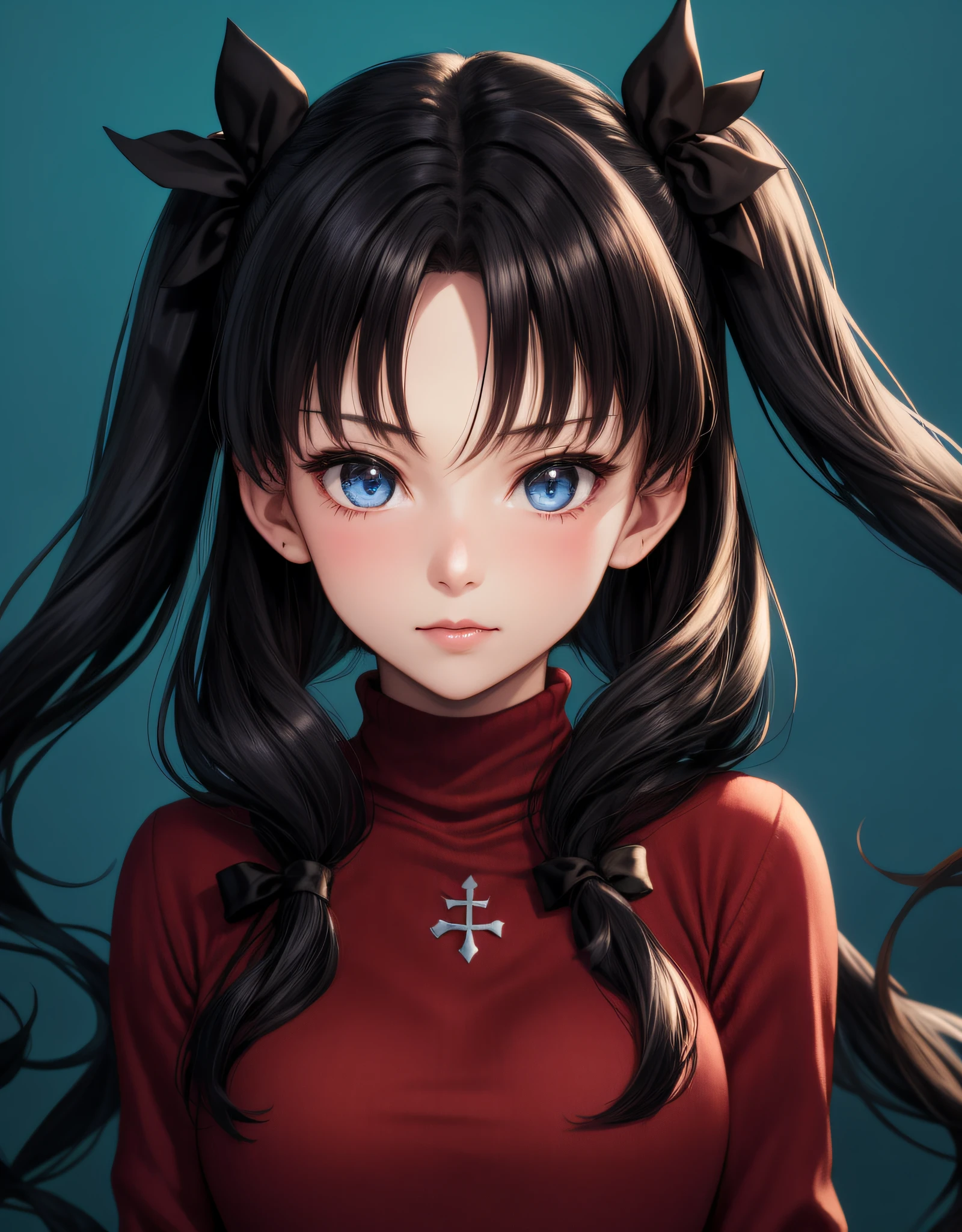 1girl, tohsaka rin, solo, long hair, sweater, red sweater, looking at viewer, blue background, black hair, simple background, two side up, turtleneck, blue eyes, lips, closed mouth, ribbon, hair ribbon, bangs, turtleneck sweater, upper body, parted bangs, black ribbon, ribbed sweater, twintails, nose,