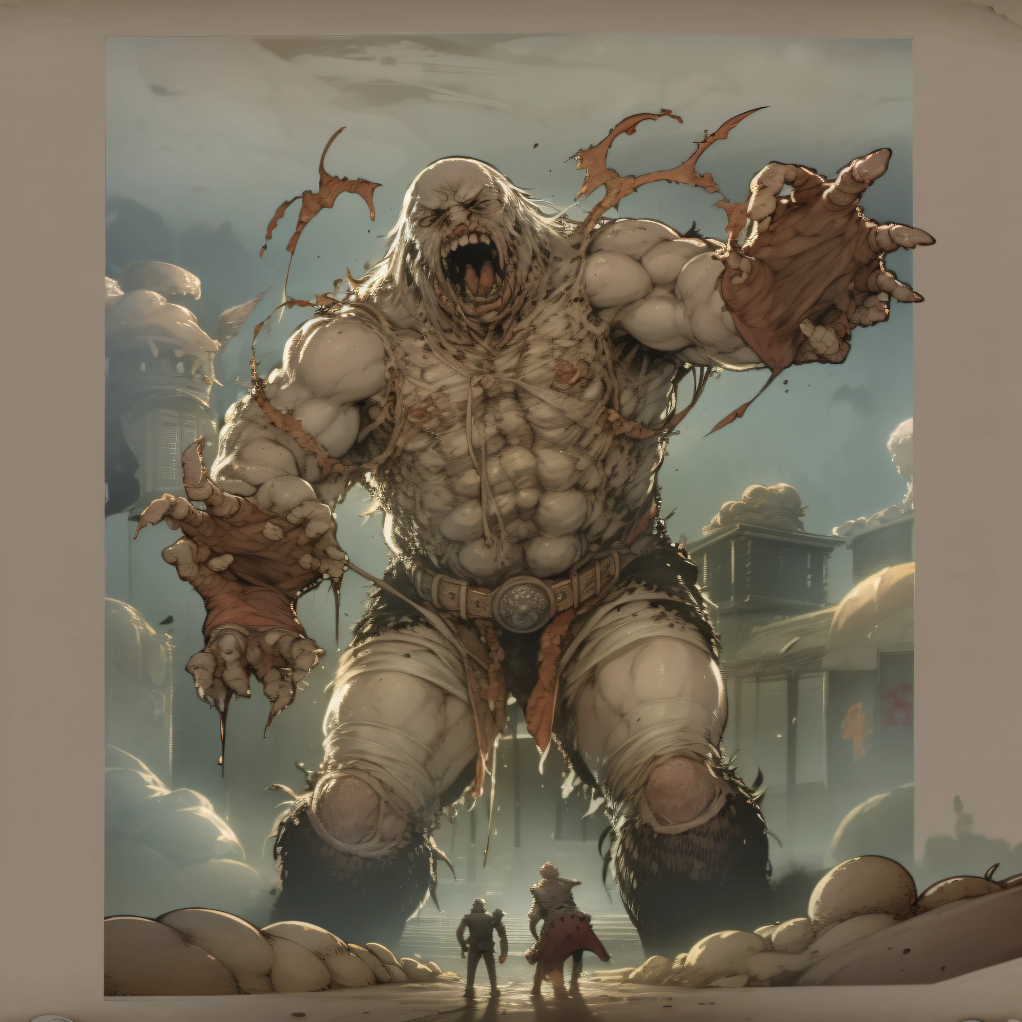 A large meat monster with a huge hand tries to crush the heroes who oppose him with his palm, a battle on the field, a gray fog