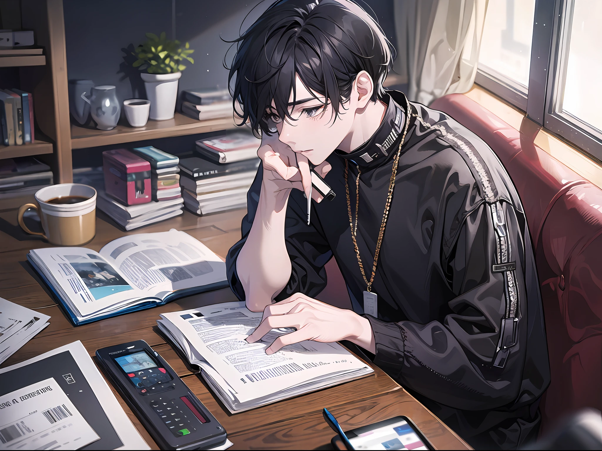 A man with short black hair, standing, with a cell phone on the table next to him, medium view