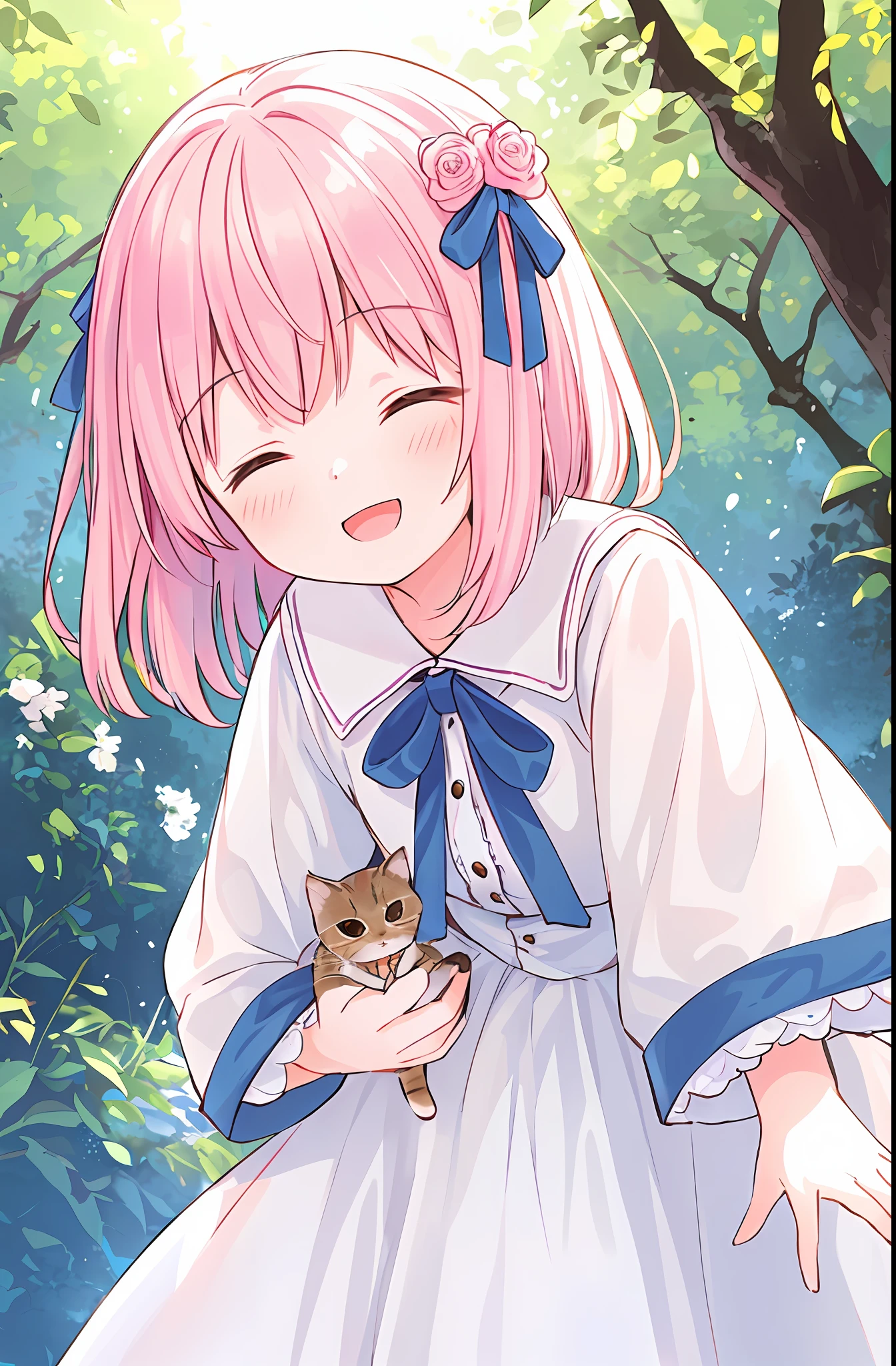 1 girl, solo, best quality, ultra detailed, minor, (happy:1.4), closed eyes,
pink hair, medium hair, looking away,
from front, from below, portrait, hugging the brown kitten, \(kitten has its mouth closed\),
white dress, blue ribbon, long sleeves, standing,
in the forest, flower garden, warm sunlight filtering through trees