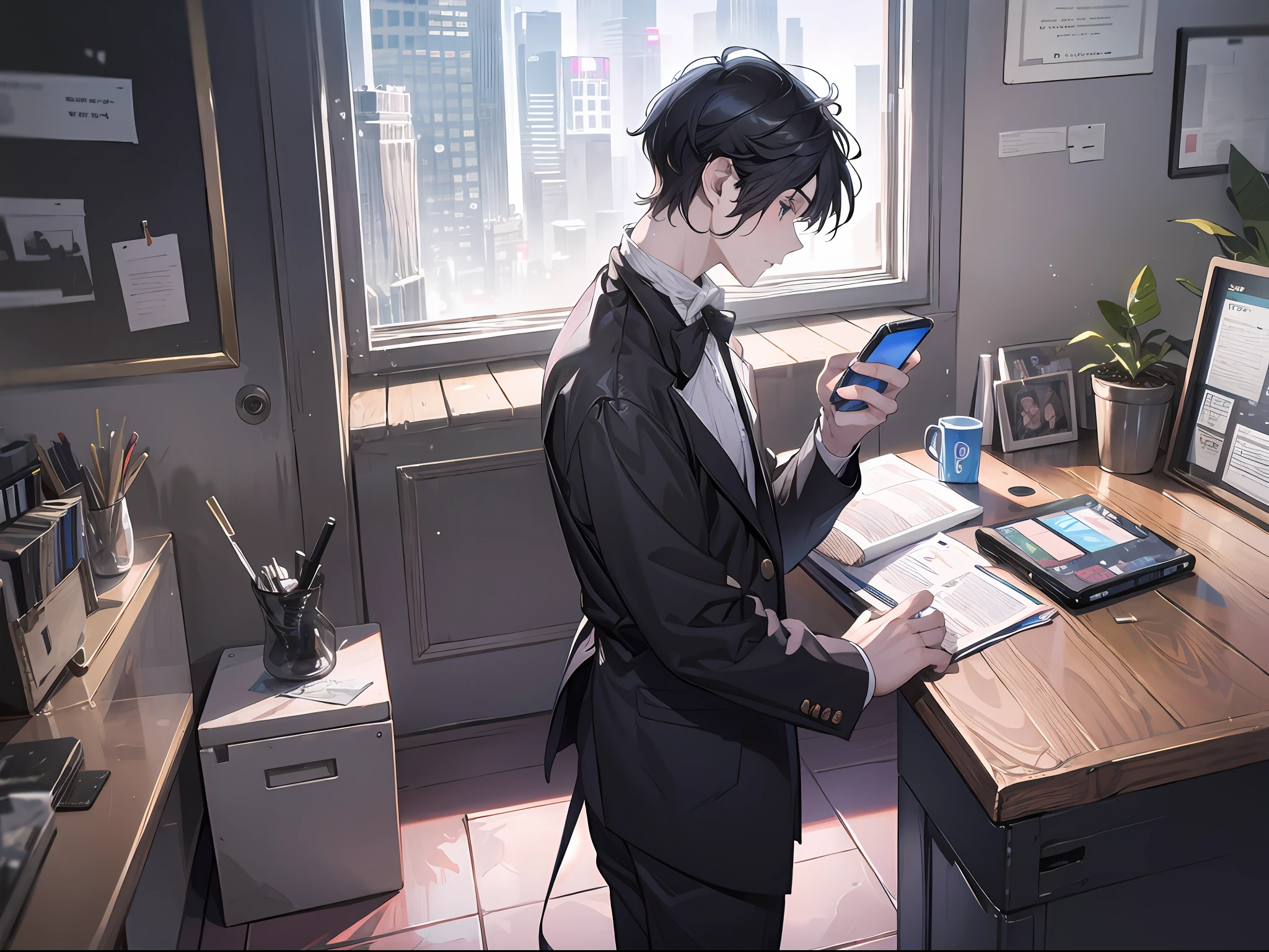 A man with short black hair, standing, with a cell phone on the table next to him, medium view