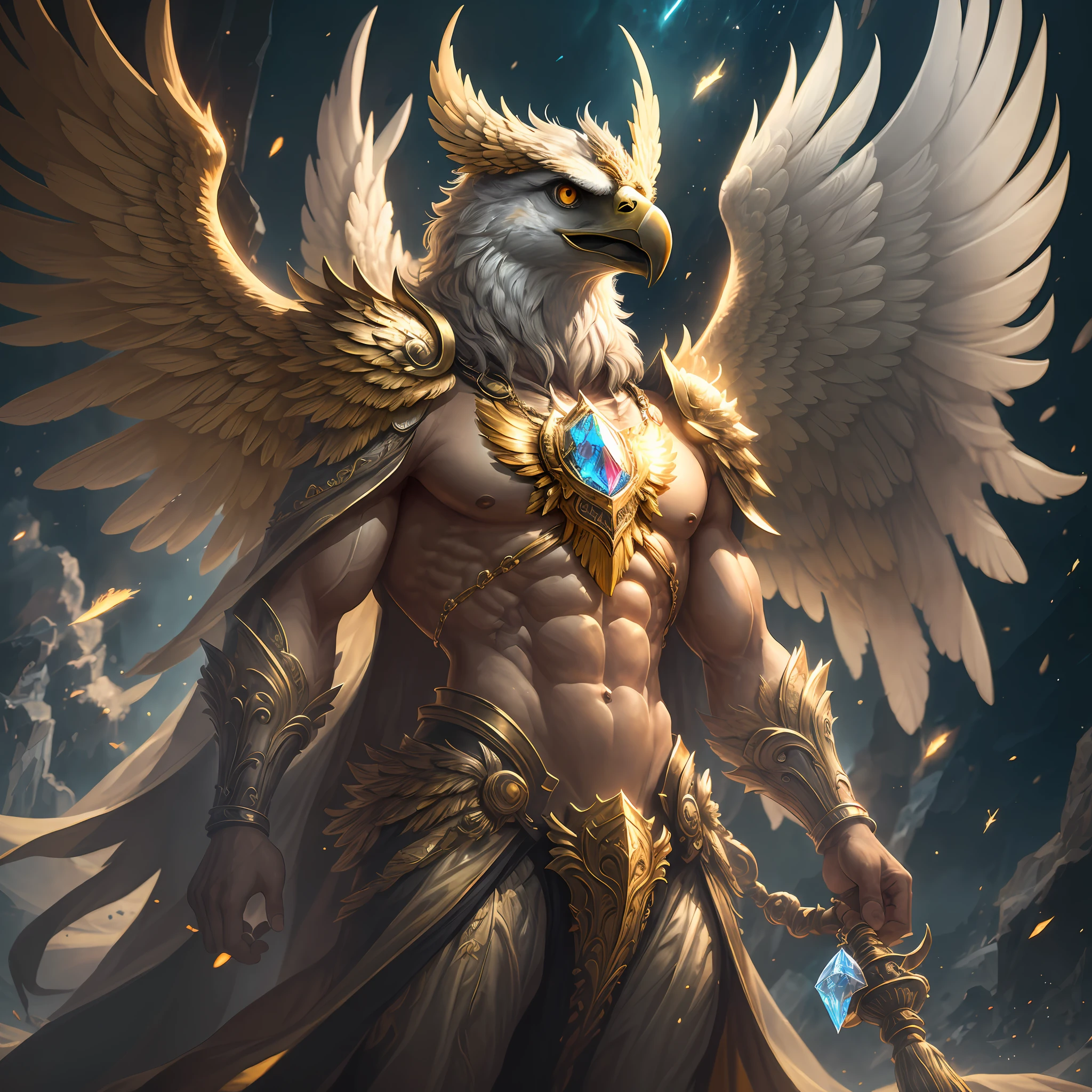 The anthropomorphic eagle vulture can be described as having a human body and (eagle's head) and golden wings, human arms, upright walking creatures, ((beautifully detailed griffin)) (extremely detailed CG Unity 8k wallpaper), professional majestic oil painting by Ed Blinky, Atea Gaylan, Studio Ghibli, Jeremy Mann, Greg Manches, Antonio Exhibited at ArtStation, Moreau was popular at CGSociety, with dramatic photorealistic paintings by Complex, High Detail, Sharp Focus, Midjourney, and Greg Rutkowska. super high resolution, best quality, photos, 8K, (Realistic: 1.2), cinematic lighting, giant in bright gold robe with golden feathers, floating on the crystal throne, floating on a crystal cloud, yellow eyes, bright yellow light emanating from the throne, gemstone floating in the sky, God, a beam of light shrouds his body, The crystal throne has large translucent (golden feathered wings) with wings spread, Golden light overhead (aura: 1.2), abdominal muscles wearing medieval golden armor, golden feathers, masculinity, darkness, masterpiece, best quality, intricate details, snow environment and crystal in background, crystal cathedral, futuristic portal, 3D light, HD, magic, light god, backlight, detailed face, fear, depth of field, soft lighting, tone mapping, high detail, concept art, smooth, clear focus, dramatic lighting, highly detailed art, film, 8K, Amazing shadows (highly detailed background: 1.2) --auto --s2