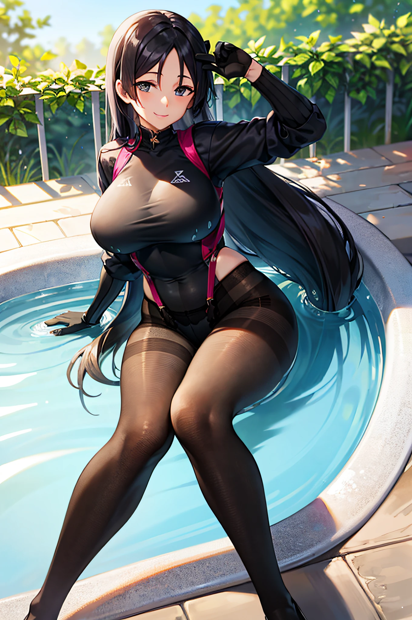Masterpiece, best quality, high resolution, HS1,(black long gloves:1.5), knee up, (black pantyhose:1.5) sitting, competition swimsuit, looking at the audience, pool, long hair, big breasts, smile, outdoor, in the water, all body, sunlight, dappled sunlight, daytime, depth of field, wet gorund,