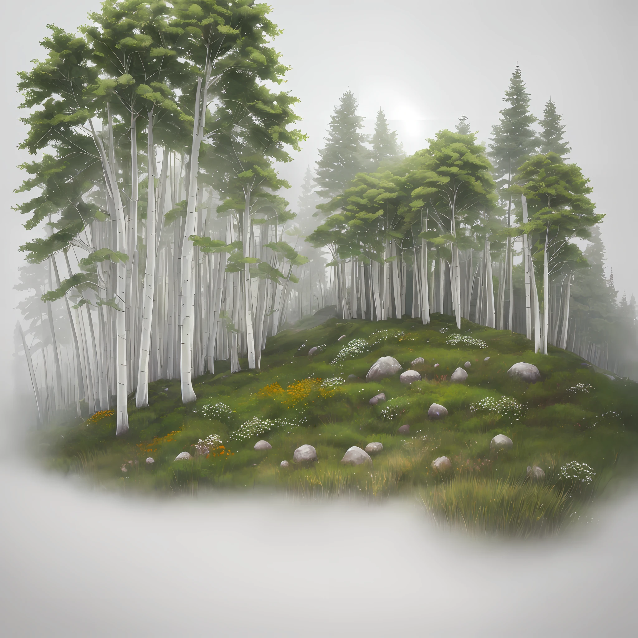 Watercolor drawing, Computer visualized graphics, whirlwind of leaves, "Majestic mountains," "Lush forests," "Glittering lakes," "Desert dunes," "Golden sunsets." realistic fantasy, Extensive landscape ultra photography (general view showing the Forest, slope, white moss and tall pines and an old chapel entwined with ivy), blurred background, rocks in the distance, shore, gloomy, green, warm, magic