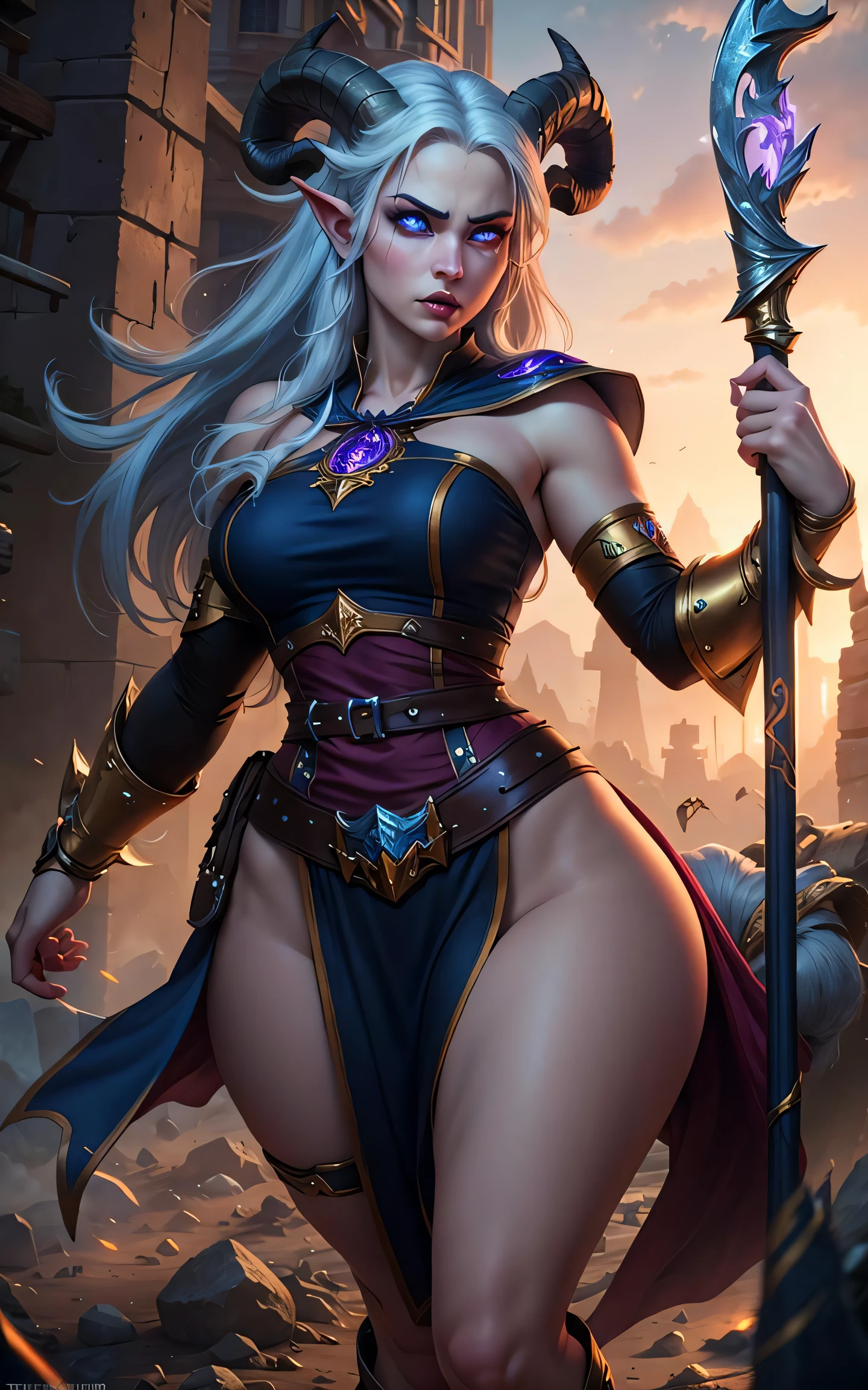 ((masterpiece,best quality)),wallpaper,HDR,high-definition,[[[[Intricate Details]]]],cinematic,photorealistic,1girl, curvy, Draenei, tail, horns, glowing eyes,  tabard, wizard staff, fight, battlefield background, (cute irate face:0.7), dynamic pose, cast Frostbolt