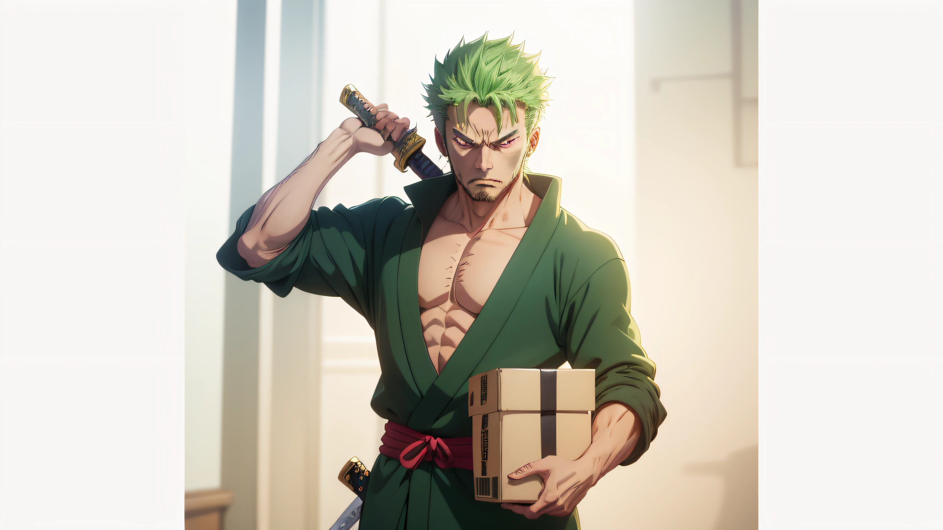 (2D art), (anime style), 2d art, intricate details, man, green hair, Japanese clothes, cicatris in the eye, angry appearance, katana resting on the shoulder, holding a box with his arm, supporting a box from the waist side, anime screenshot, soft lighting, hdr, colorful, good composition, --auto --s2