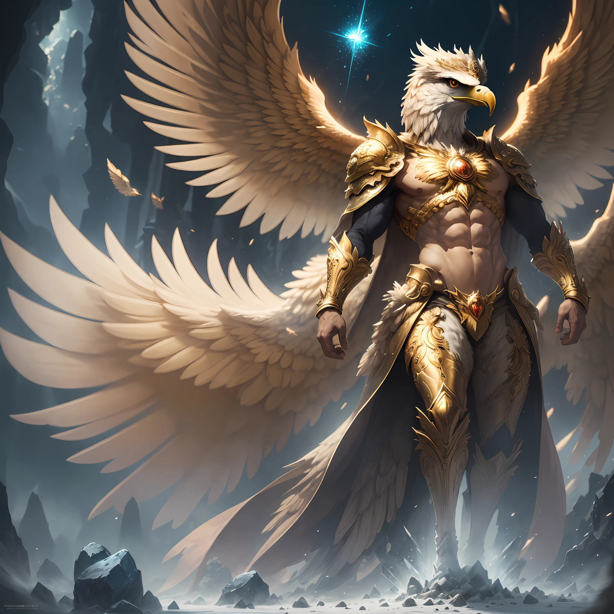 The anthropomorphic eagle vulture can be described as having a human body and (eagle's head) and golden wings, human arms, upright walking creatures, ((beautifully detailed griffin)) (extremely detailed CG Unity 8k wallpaper), professional majestic oil painting by Ed Blinky, Atea Gaylan, Studio Ghibli, Jeremy Mann, Greg Manches, Antonio Exhibited at ArtStation, Moreau was popular at CGSociety, with dramatic photorealistic paintings by Complex, High Detail, Sharp Focus, Midjourney, and Greg Rutkowska. super high resolution, best quality, photos, 8K, (Realistic: 1.2), cinematic lighting, giant in bright gold robe with golden feathers, floating on the crystal throne, floating on a crystal cloud, yellow eyes, bright yellow light emanating from the throne, gemstone floating in the sky, God, a beam of light shrouds his body, The crystal throne has large translucent (golden feathered wings) with wings spread, Golden light overhead (aura: 1.2), abdominal muscles wearing medieval golden armor, golden feathers, masculinity, darkness, masterpiece, best quality, intricate details, snow environment and crystal in background, crystal cathedral, futuristic portal, 3D light, HD, magic, light god, backlight, detailed face, fear, depth of field, soft lighting, tone mapping, high detail, concept art, smooth, clear focus, dramatic lighting, highly detailed art, film, 8K, Amazing shadows (highly detailed background: 1.2) --auto --s2