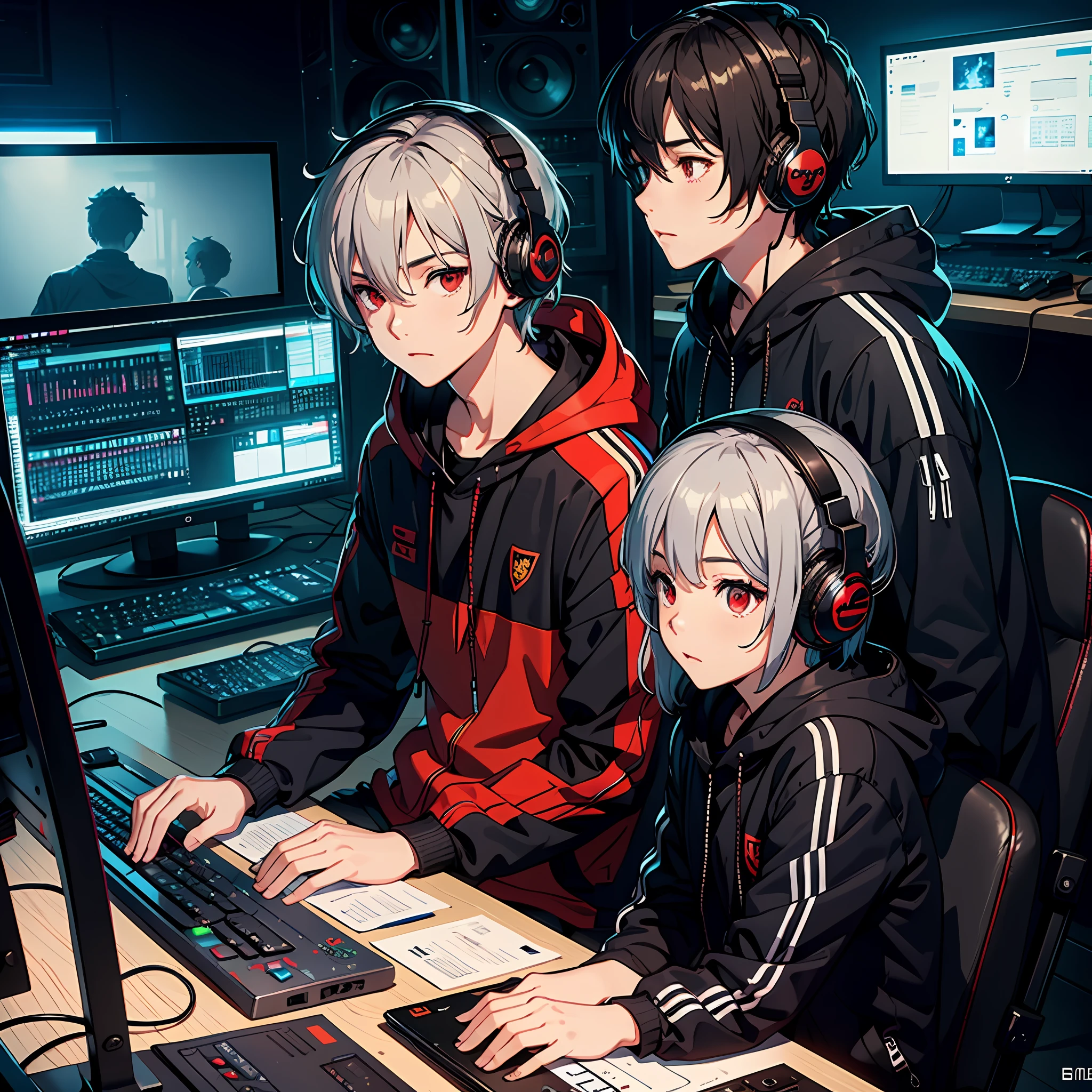 High resolution, super detailed, monitor, computer, brunette hair, multiple boys, sitting, keyboard (computer), chair, indoor, microphone, headphones, gray hair, hood, Chinese text, 2boys, short hair, jacket, red eyes, studio, studio, big screen in the middle, lots of monitors around