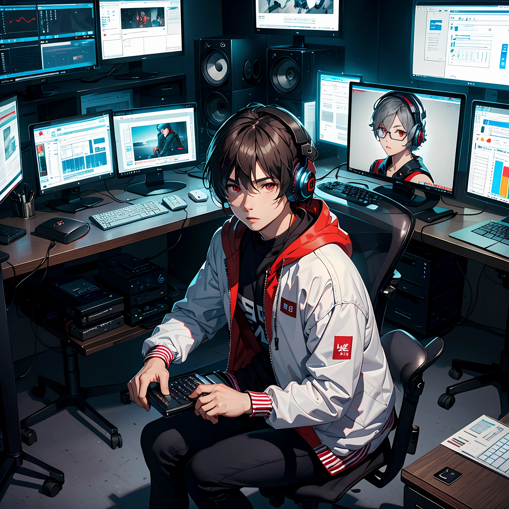 High resolution, super detailed, monitor, computer, brunette hair, multiple boys, sitting, keyboard (computer), chair, indoor, microphone, headphones, gray hair, hood, Chinese text, 2boys, short hair, jacket, red eyes, studio, studio, big screen in the middle, lots of monitors around