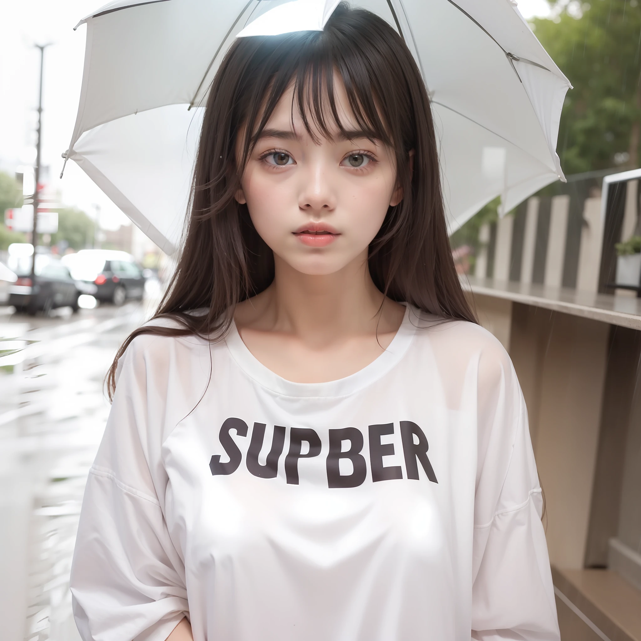 Super oversized white shirt stuck in the rain, no bra,