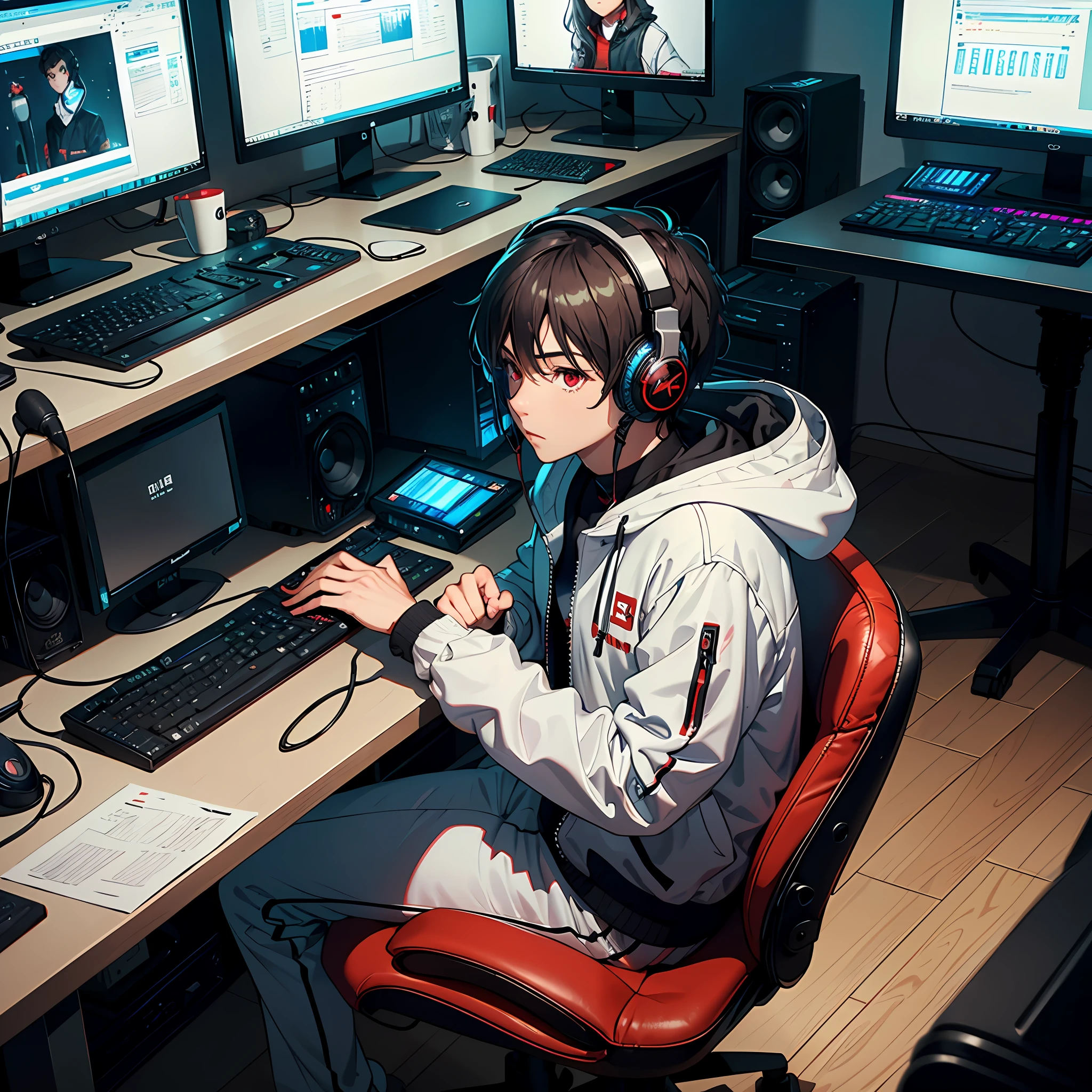High resolution, super detailed, monitor, computer, brunette hair, multiple boys, sitting, keyboard (computer), chair, indoor, microphone, headphones, gray hair, hood, Chinese text, 2boys, short hair, jacket, red eyes, studio, studio, big screen in the middle, lots of monitors around