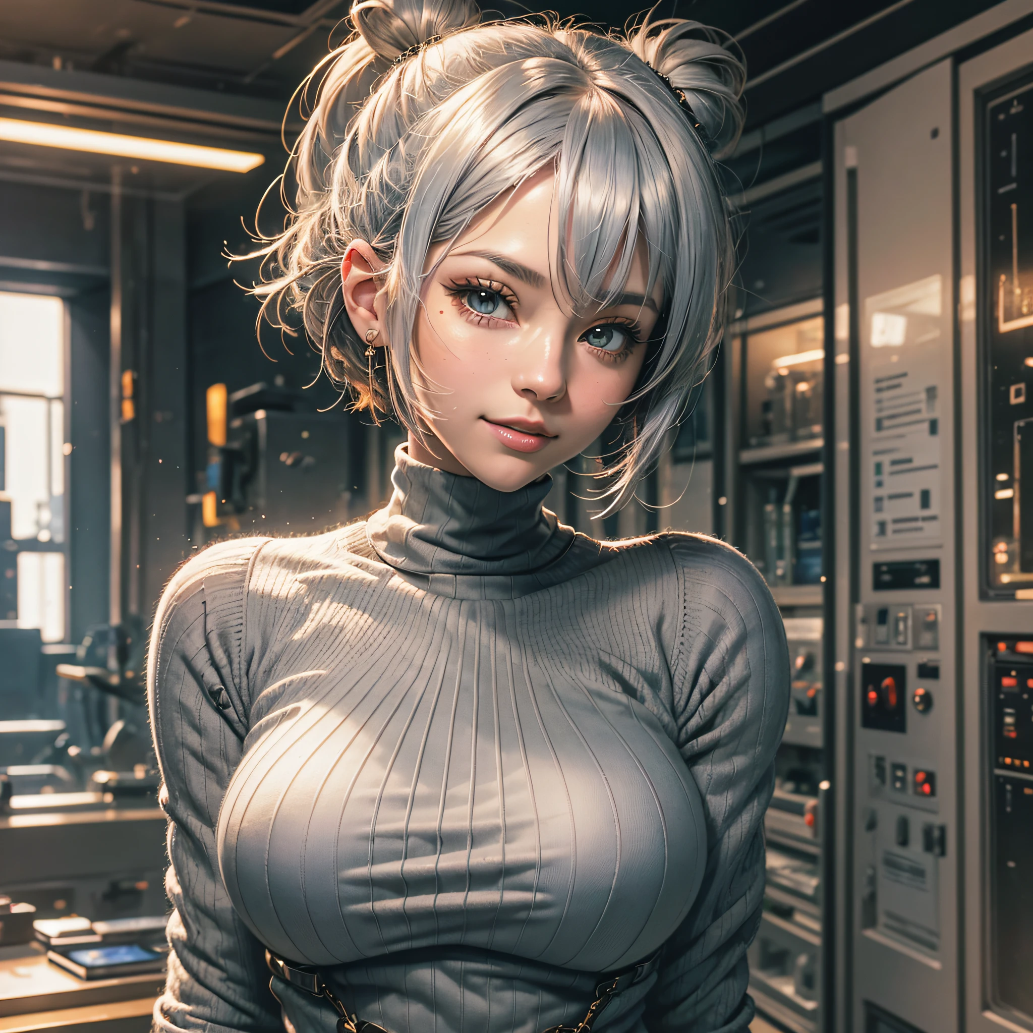 Full body, gray hair, (Dragoon: 1.2), Brant Bang, masterpiece, top quality, official art, very elaborate CG Unity 8K wallpaper, for girls, ultra high resolution, (photorealistic: 1.4), golden hour lighting, sweater dress, (upper body), (platinum shorthair: 0.8), (puffy eyes), looking at the viewer, frontal, smile, medium breasts, shirt lift, Gloves, shorthair