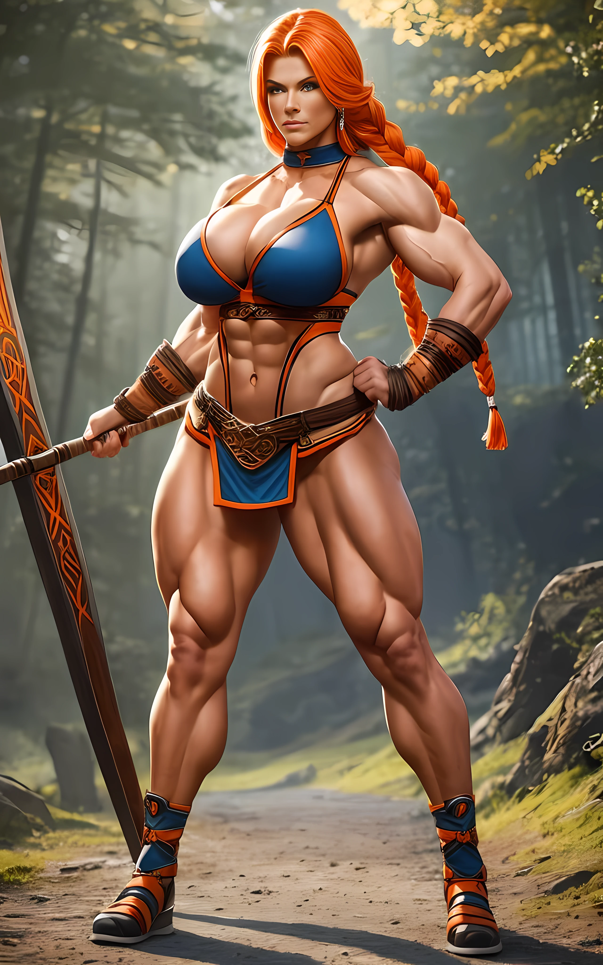 Nordic woman orange stick bodybuilder with voluminous long legs with knee-length braids and thick with very beautiful face with disproportionately ?????????????, (???? barbarian outfit: 4), ???? look, full body using 2/3 centered image width, flexing back muscles, , --auto --s2