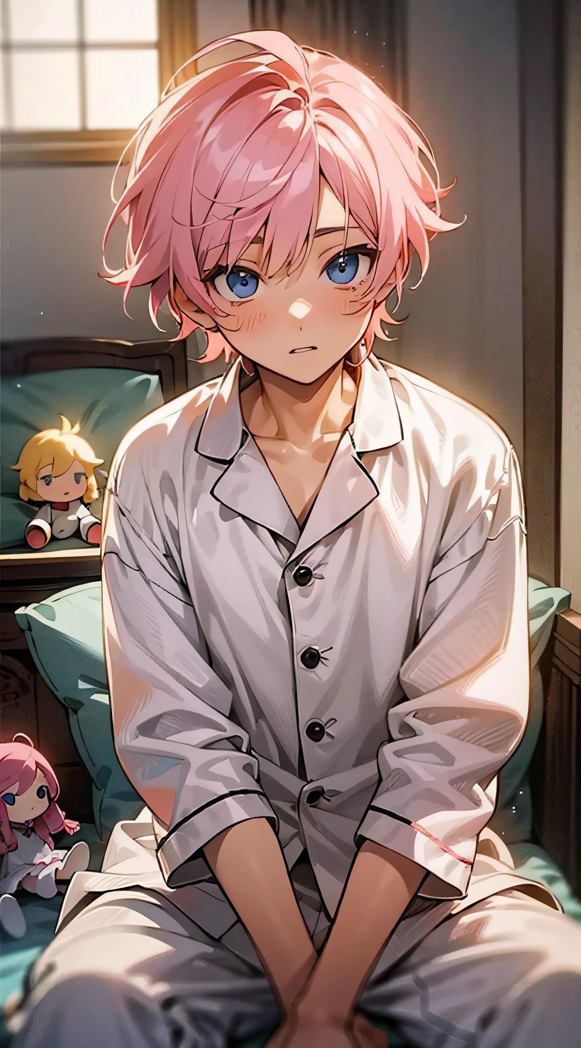 Anime boy, light pink hair, white pajamas, room, lots of dolls, fairy tale feeling, cute boy --auto --s2