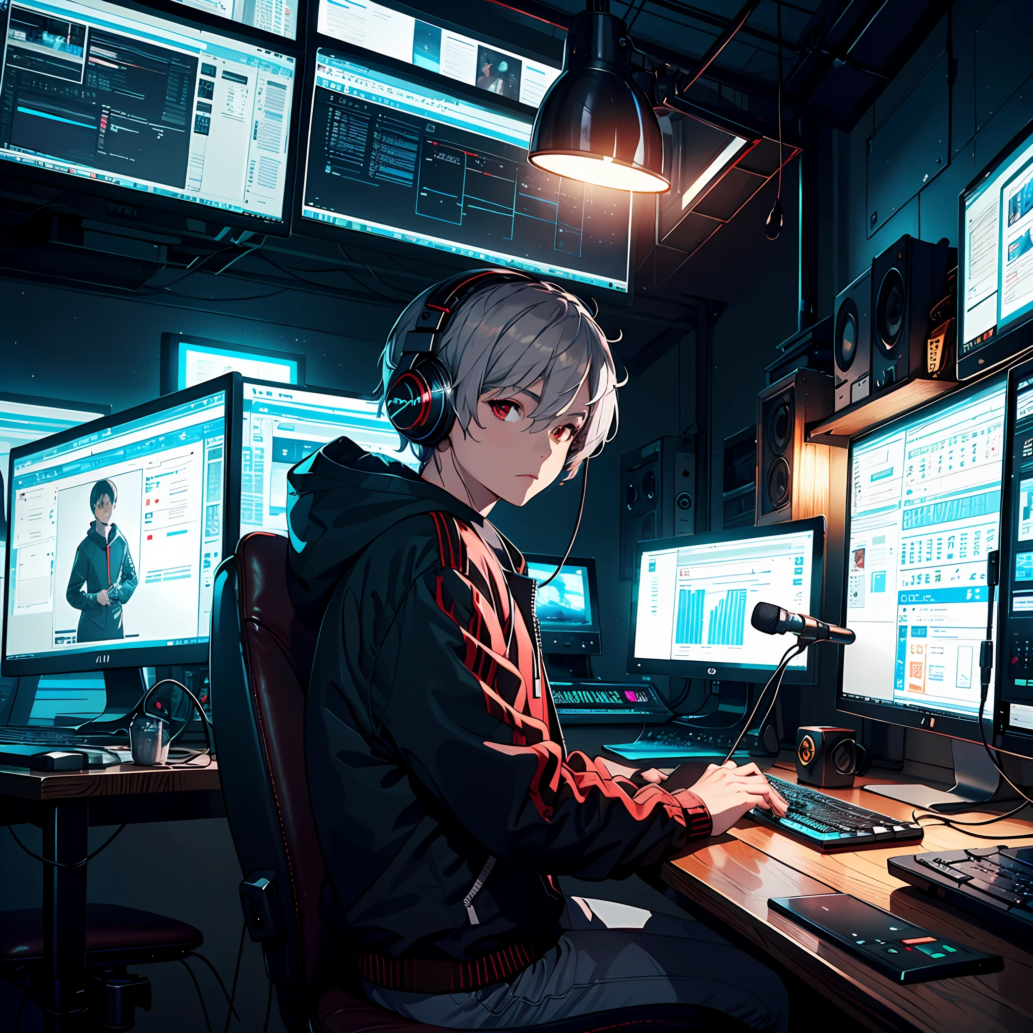 High resolution, super detailed, monitor, computer, brunette hair, multiple boys, sitting, keyboard (computer), chair, indoor, microphone, headphones, gray hair, hood, Chinese text, 2boys, short hair, jacket, red eyes, studio, studio, big screen in the middle, lots of monitors around