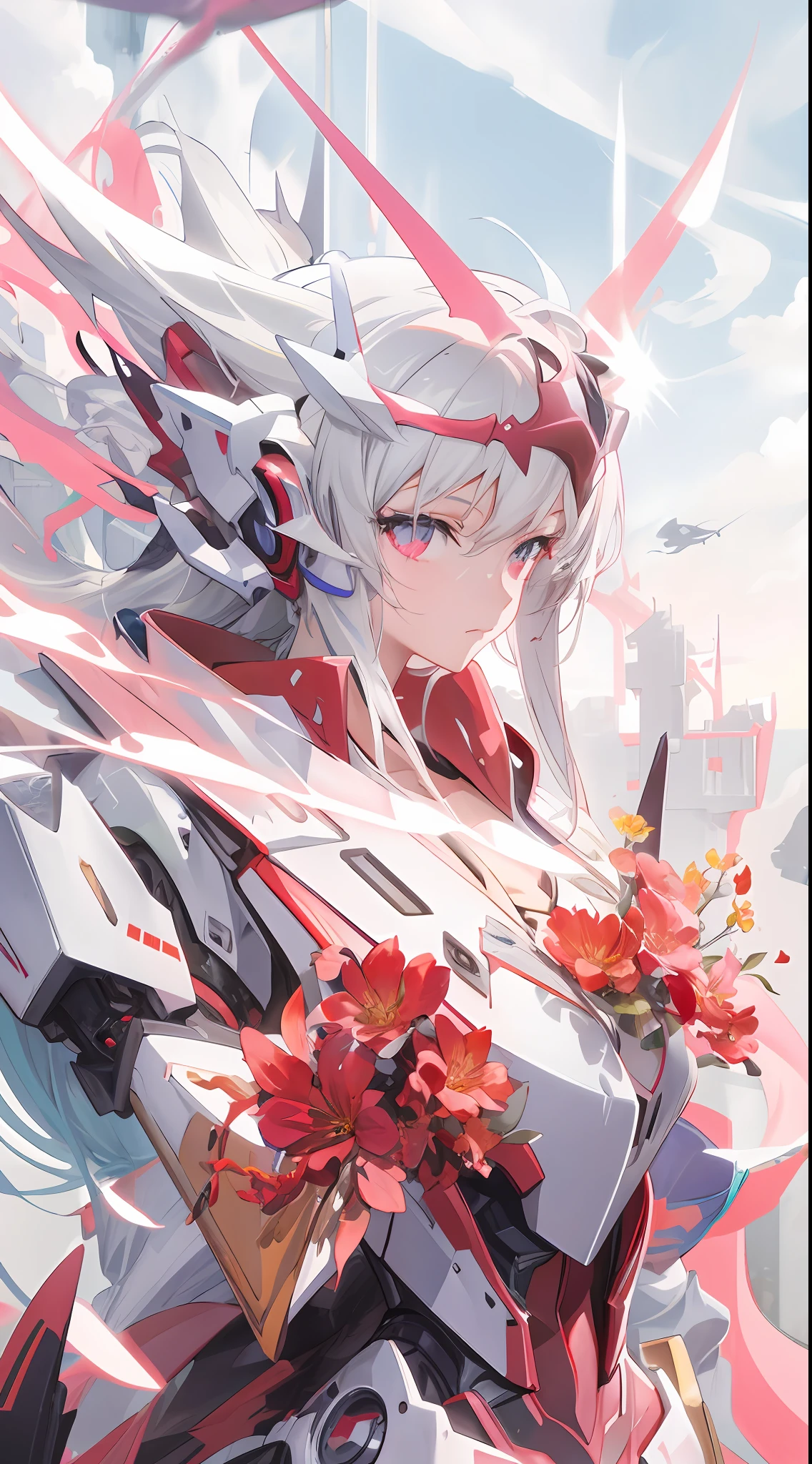 there is a close up of a model of a robot with flowers, best anime 4k konachan wallpaper, 4k highly detailed digital art, detailed digital anime art, anime style 4 k, anime art wallpaper 4 k, anime art wallpaper 4k, 4k detailed digital art, detailed anime artwork, highly detailed anime, anime wallpaper 4k, anime wallpaper 4 k