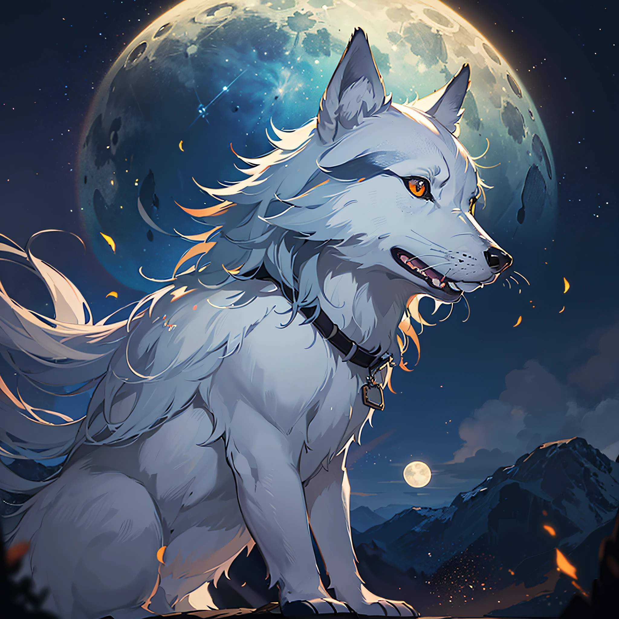 A wide landscape photo, (viewed from below, the sky is above, and the open field is below), a wolf sitting on grass field looking up, (full moon: 1.2), (meteor: 0.9), (nebula: 1.3), distant mountains , Trees BREAK Crafting Art, (Warm Light: 1.2), (Firefly: 1.2), Lights, Lots of Purple and Orange, Intricate Details, Volumetric Lighting BREAK (Masterpiece: 1.2), (Best Quality), 4k, Ultra Detailed, (Dynamic Composition: 1.4), Rich in Detail and Color, (Rainbow Color: 1.2), (Glow, Atmospheric Lighting), Dreamy, Magical, (Solo: 1.2) --auto --s2