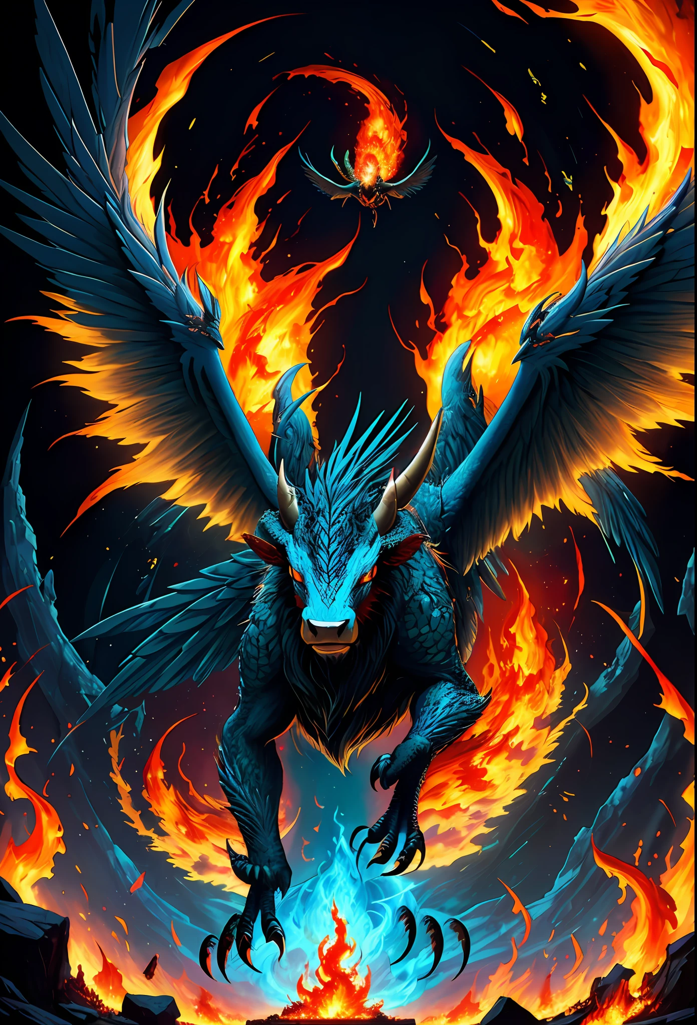 ((Best Quality)), ((Masterpiece)), ((Surrealism)), ((Surrealist Fantasy Style)), Jim Lee's beautiful intricate soft oil paintings, mythical birds of prey, facing the viewer, a stunningly beautiful and powerful monster cow erupting from ashes, awesome legendary fire bull, (vibrant rainbow flames everywhere, colorful flames, spiral hell: 1.5), huge symmetrical flame wings, ultra-detailed feathers, sharp claws, unparalleled magical energy, soft edge lighting, (flying), professional, soft volumetric lighting, depth of field, film grain, smoothness, roughness, real life, warm vibrant color palette