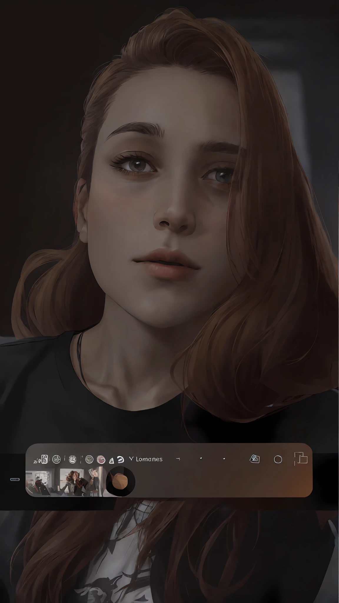 arafed woman with long brown hair and a black shirt, captura, tiktok video, low quality video, twitch streamer, 30-year-old french woman, she is facing the camera, instagram filter, ayahausca, leaked, youtube video screenshot, with a black background, lorena avarez, instagram story, face with artgram