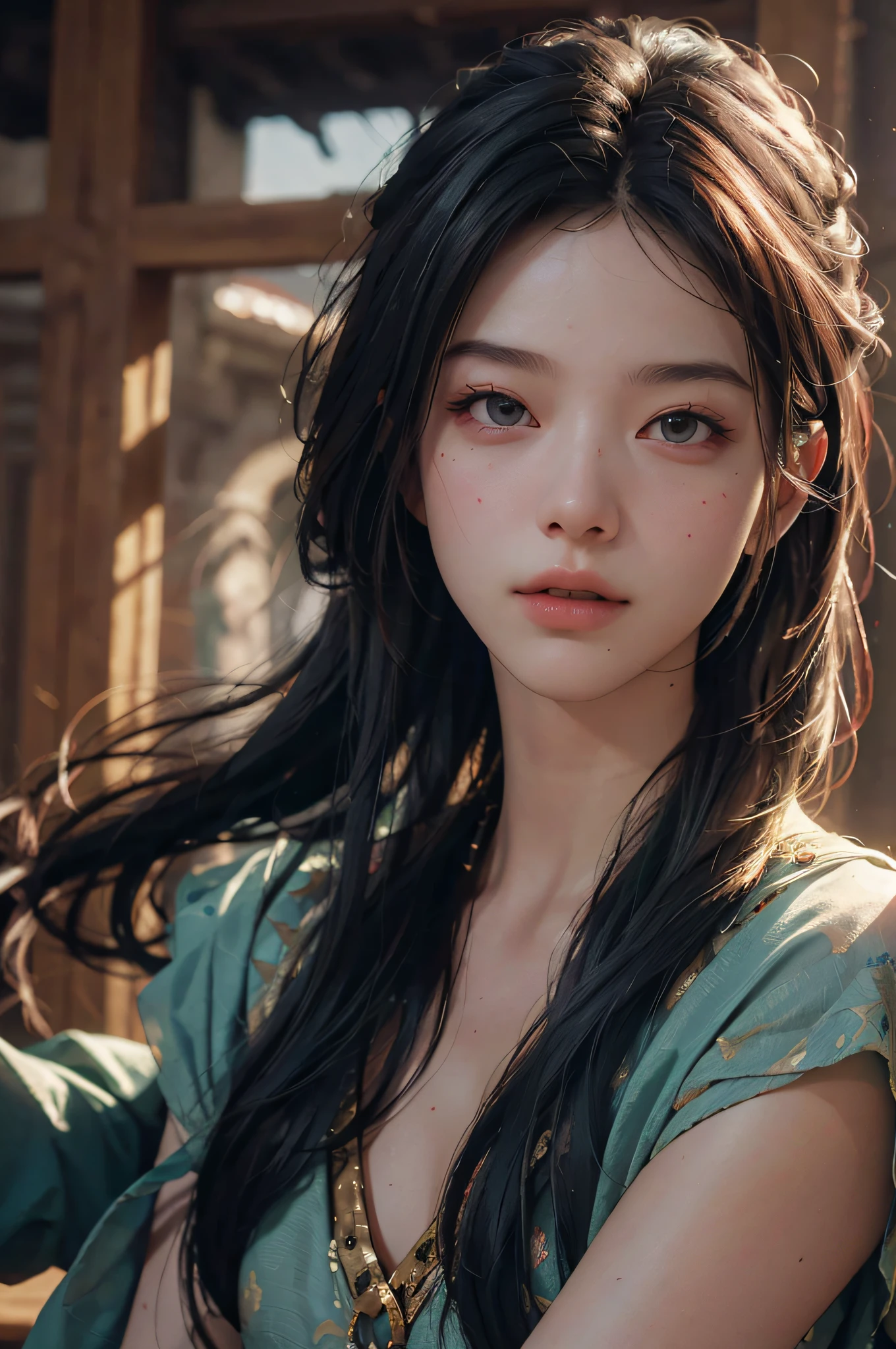 (RAW photo, best quality), (realistic, photo-realistic:1.3), best quality, highly detailed, masterpiece, ultra-detailed, illustration, dynamic lighting, a very beautiful face face, 4K, 1girl, upper_body, dynamic angle, world mastery theater, messy_long_hair, best quality, extremely detailed CG unity 8k wallpaper, ink, amazing, cinematic lighting, lens_flare, dunhuang_style