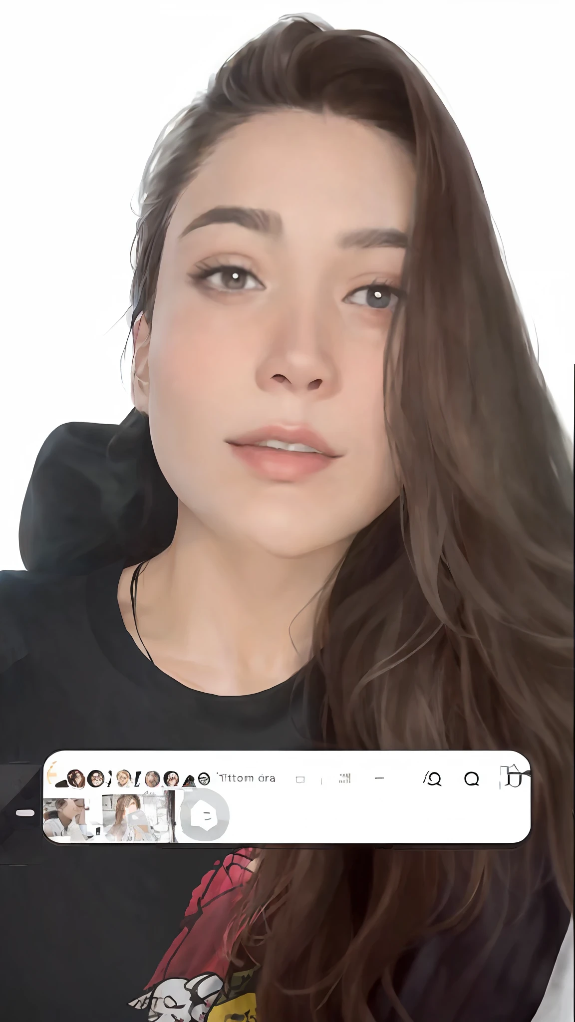 arafed woman with long brown hair and a black shirt, captura, tiktok video, low quality video, twitch streamer, 30-year-old french woman, she is facing the camera, instagram filter, ayahausca, leaked, youtube video screenshot, with a black background, lorena avarez, instagram story, face with artgram