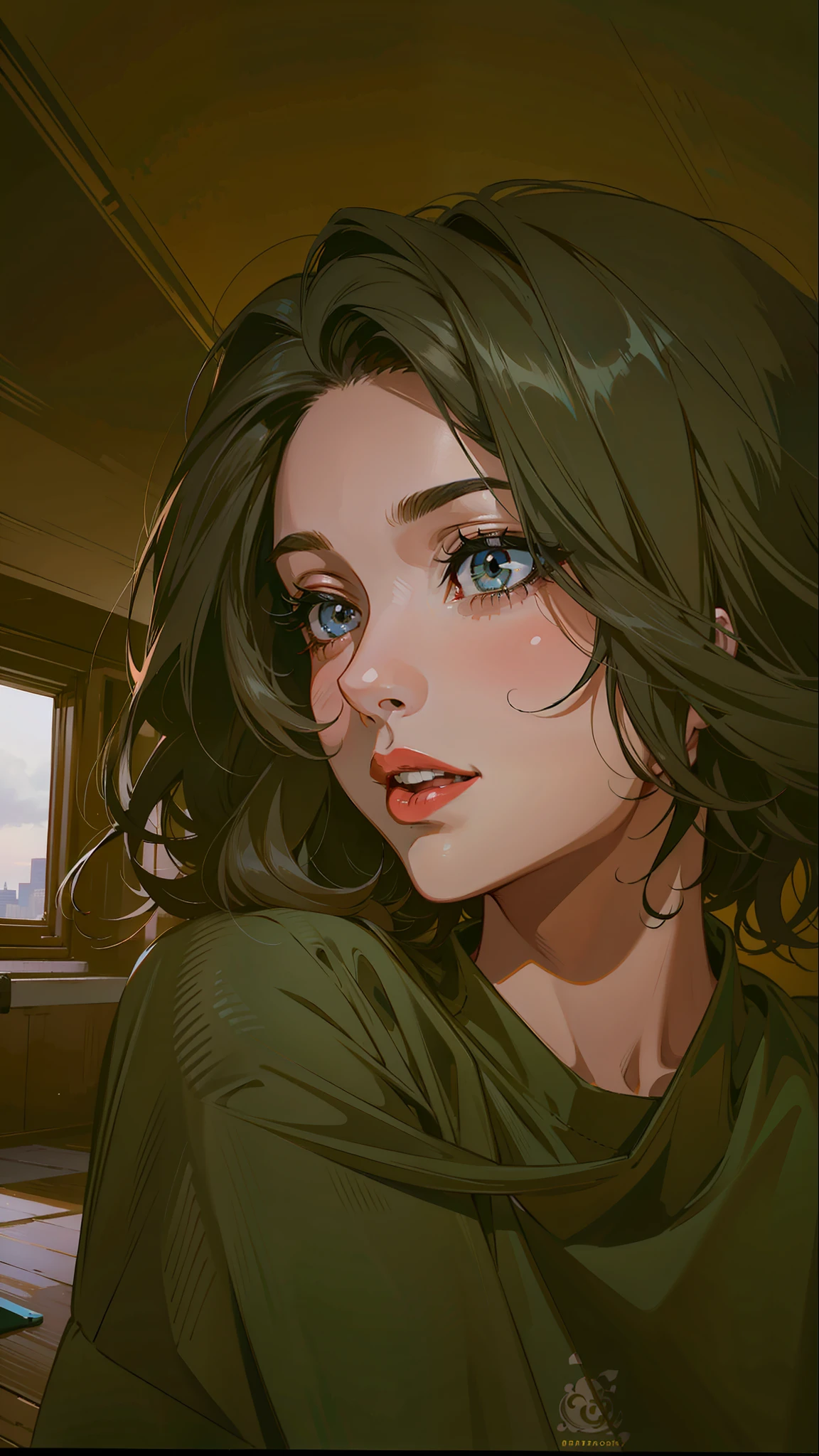 (masterpiece),(best quality:1.0), (ultra highres:1.0), detailed illustration, 8k, anime, 1girl, beautiful anime girl, wearing a black t-shirt, intricate details, black eyes, detailed eyes, black hair, detailed hair detailed, highlights on hair, slight smile, red lips, red lipstick, pretty lips, anime style, best quality, detailed