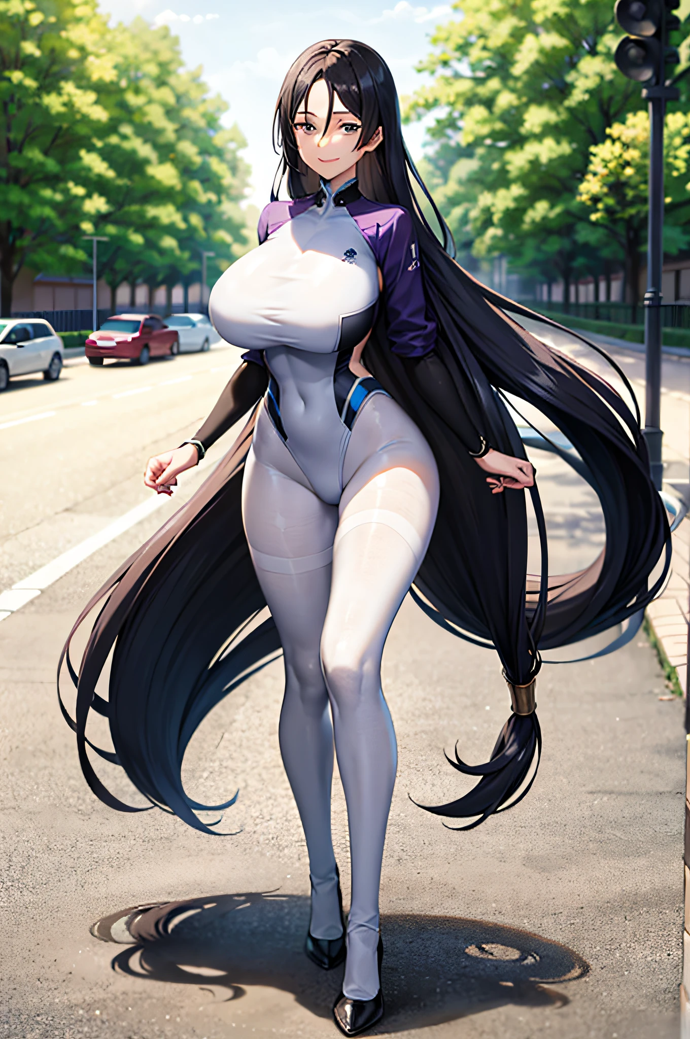 Masterpiece, Best quality, High resolution, HS1, (white dance suit: 1.6) (black pantyhose: 1.8), (standing horse: 1.8), competition swimsuit, looking at the audience, park, long hair, big breasts, smile, outdoor, full body, sunlight, dappled sunlight, daytime, depth of field, wet gorund,