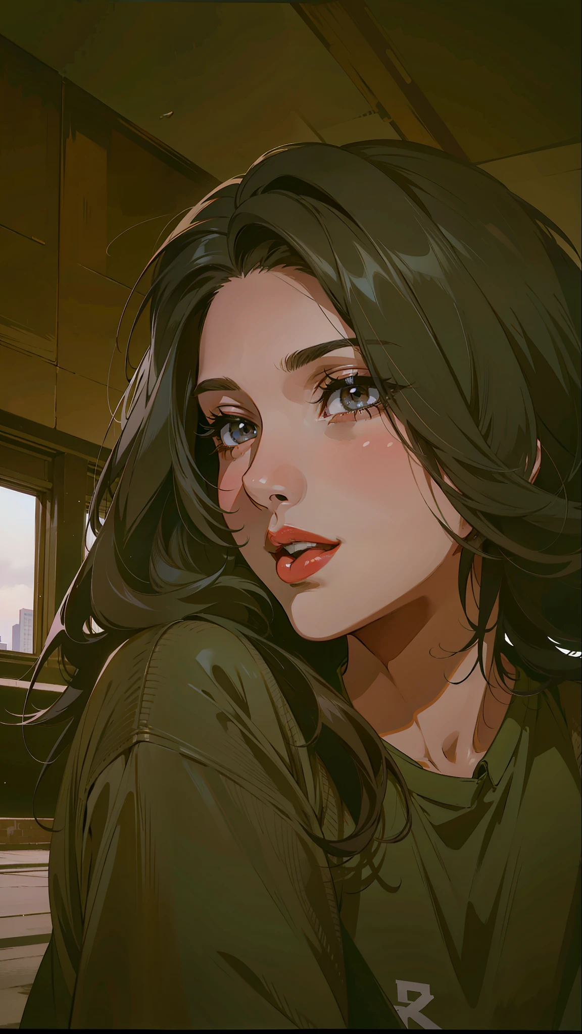 (masterpiece),(best quality:1.0), (ultra highres:1.0), detailed illustration, 8k, anime, 1girl, beautiful anime girl, wearing a black t-shirt, intricate details, black eyes, detailed eyes, black hair, detailed hair detailed, highlights on hair, slight smile, red lips, red lipstick, pretty lips, anime style, best quality, detailed