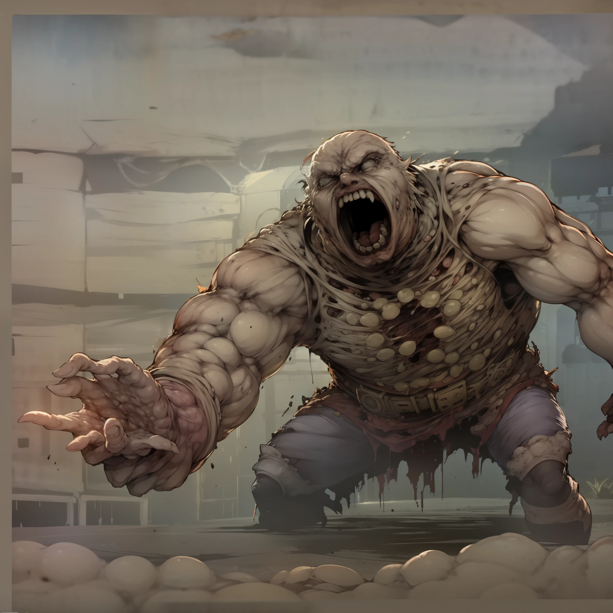 A large meat monster with one huge hand, one small one, tries to crush the heroes who oppose him with the palm of his hand, the battle on the field, the gray fog