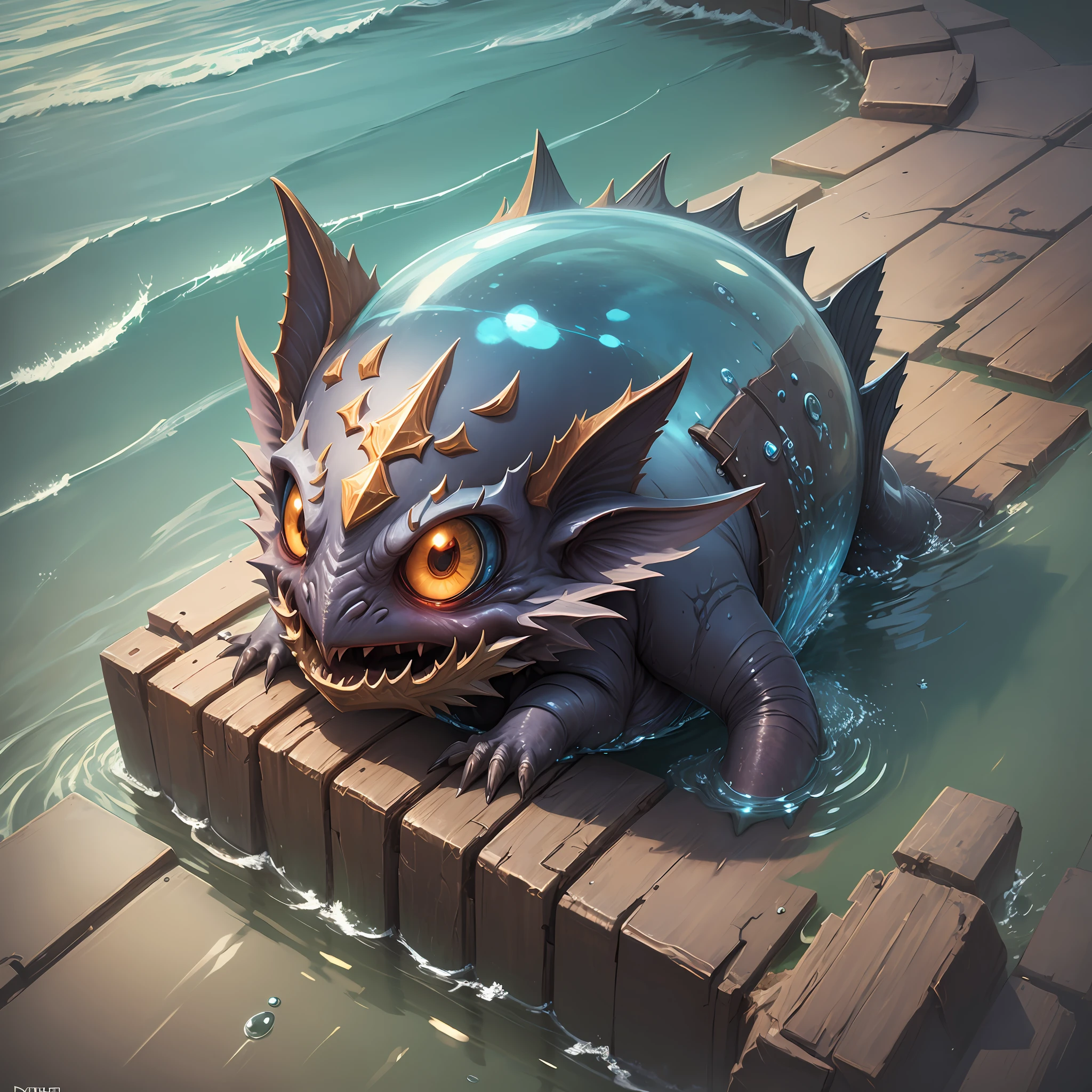 Best Quality, Masterpiece, Awesome, A Sealed Water Attribute Creature, Hearthstone, Emoticon, Non-Human, Wasteland Punk (Water Attribute 1.2), Flattened (1.4), Texture, Dark Simple Background --auto --s2