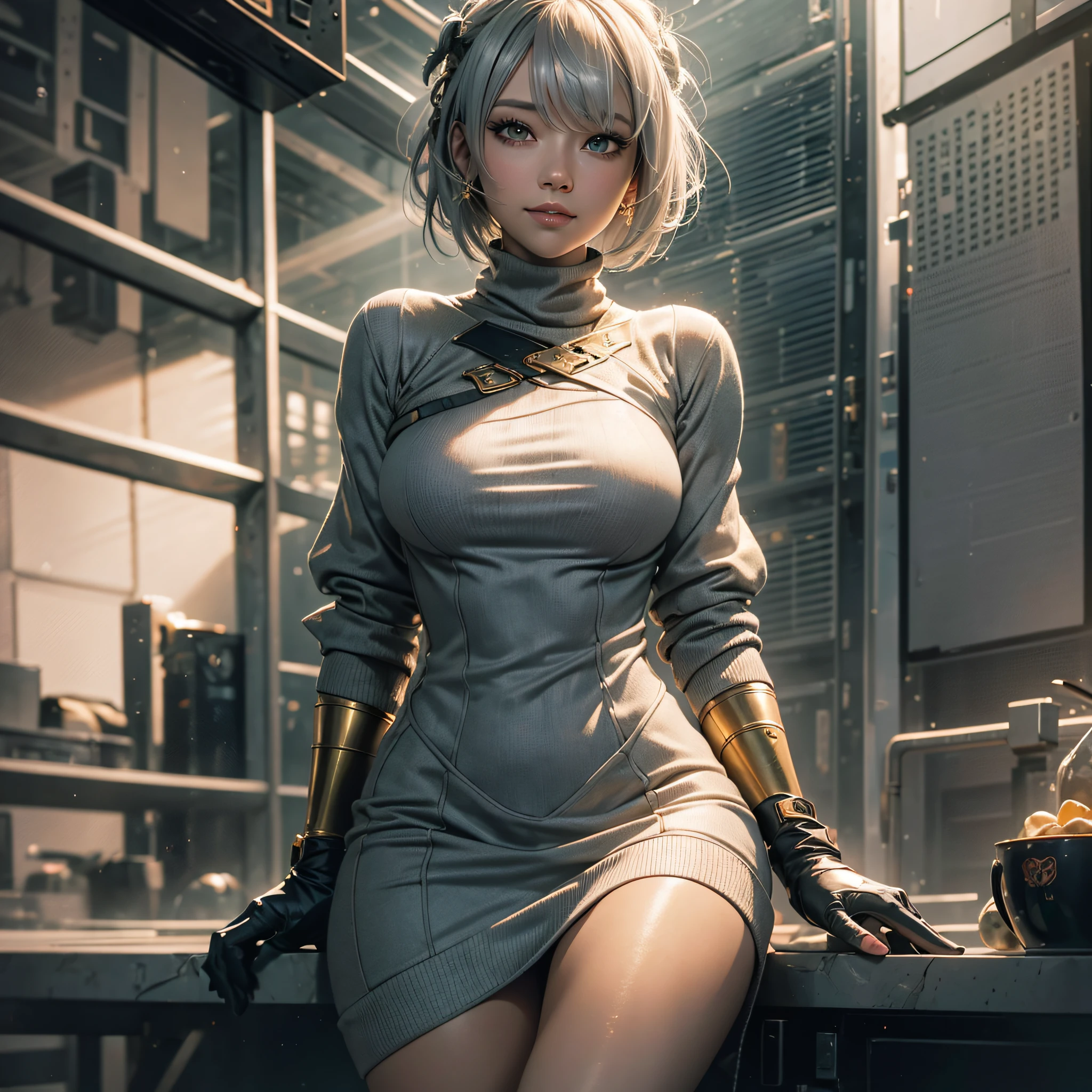 Full body, gray hair, (Dragoon: 1.2), Brant Bang, masterpiece, top quality, official art, very elaborate CG Unity 8K wallpaper, for girls, ultra high resolution, (photorealistic: 1.4), golden hour lighting, sweater dress, (upper body), (platinum shorthair: 0.8), (puffy eyes), looking at the viewer, frontal, smile, ??????????????, shirt lift, Gloves, shorthair