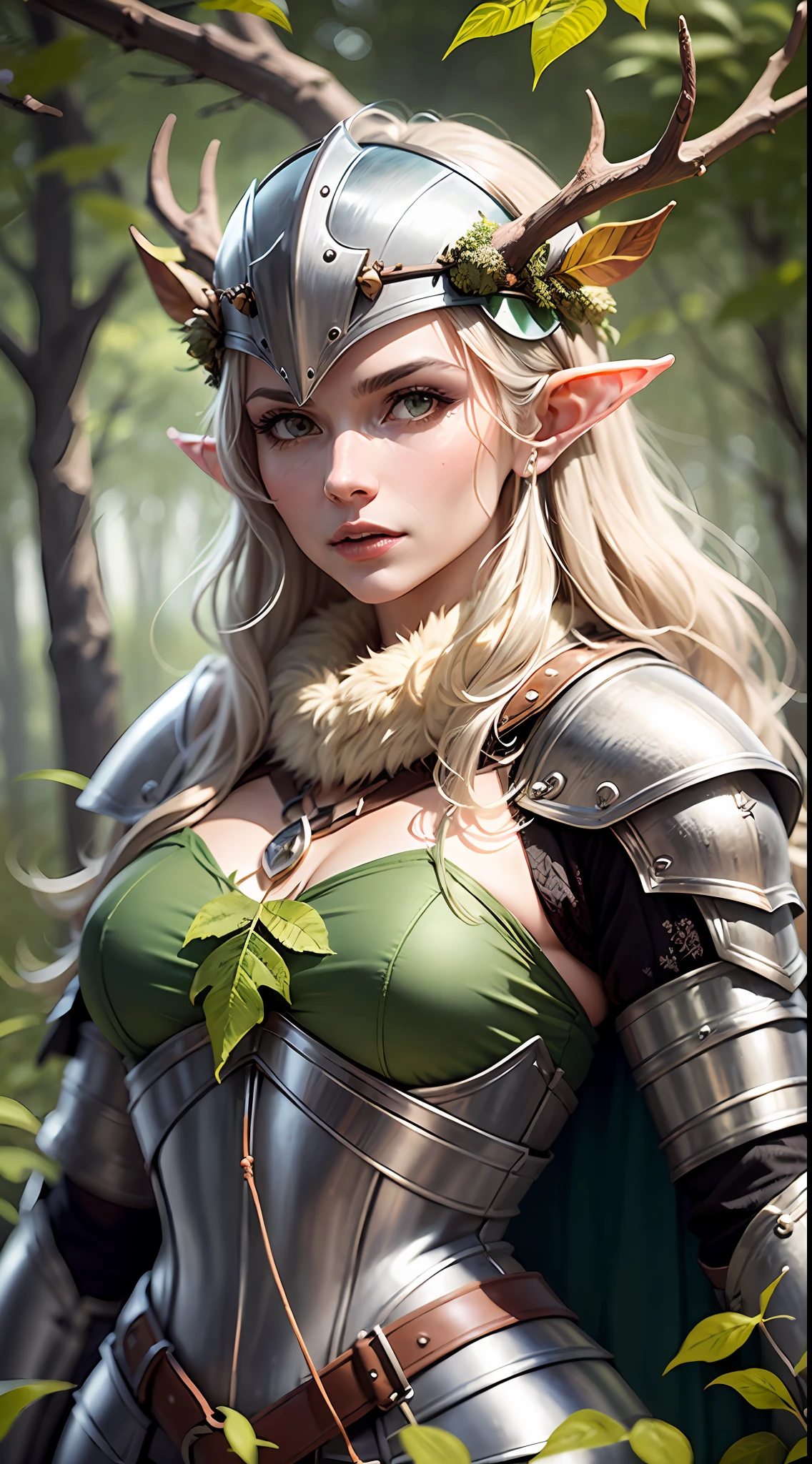 Mature woman, Adult, Older, Druid Knight, Nature Knight, Female Knight, Wearing Helmet with antlers, Her Armor is old and has is overgrown with leaves and nature, Woodland Setting, Nature, Armour With leaves, Green Cape, Woman, Druid, Wood Elf, Woodland, Wood Elf Knight, Her Helmet has antlers, Leaves on Armor, Old Armor.