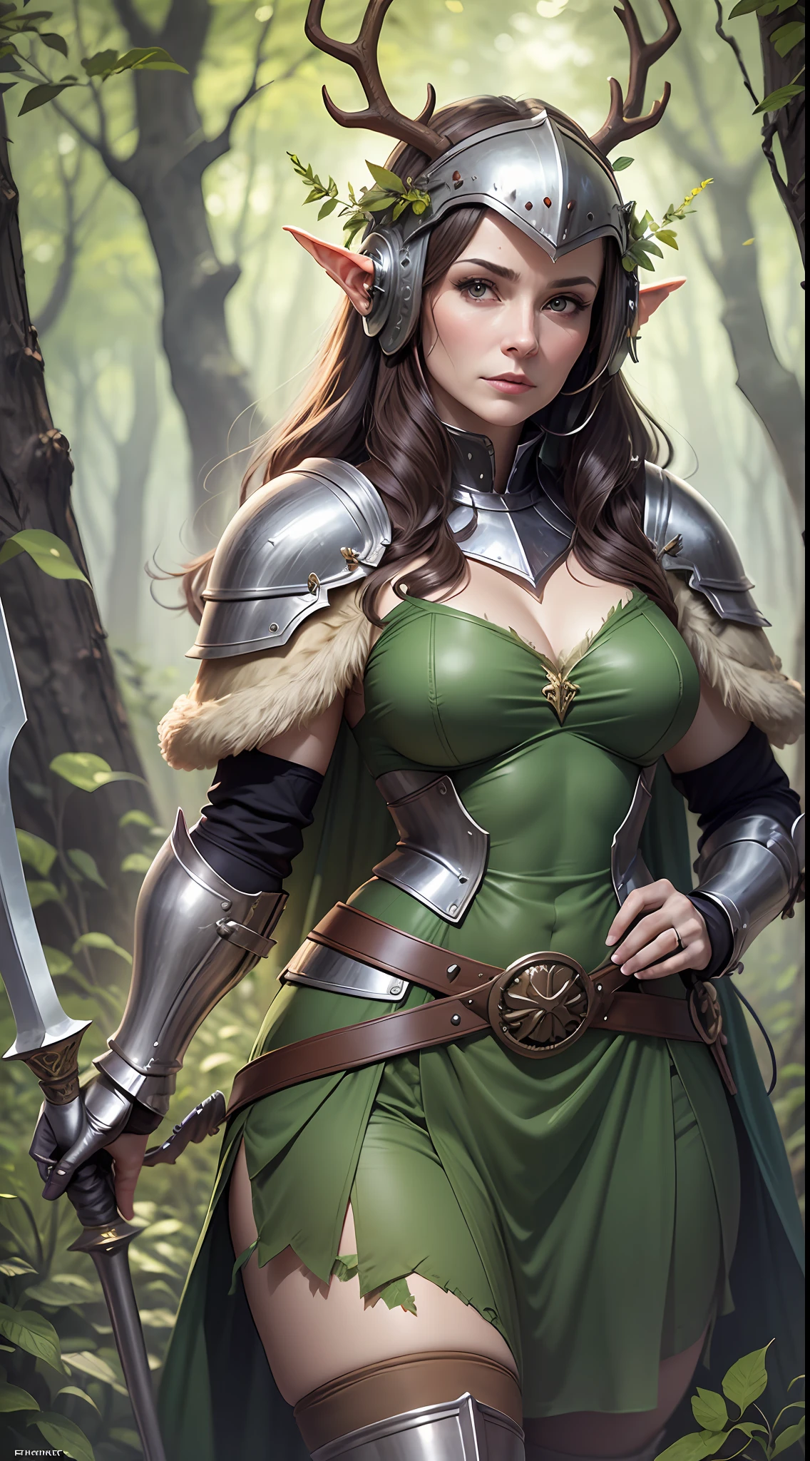 Mature woman, Adult, Older, Druid Knight, Nature Knight, Female Knight, Wearing Helmet with antlers, Woodland Setting, Nature, Armour With leaves, Green Cape, Woman, Druid, Wood Elf, Woodland, Wood Elf Knight, Her Helmet has antlers, Leaves on Armor, Old Armor, Rusted Sword, Nature Sword.