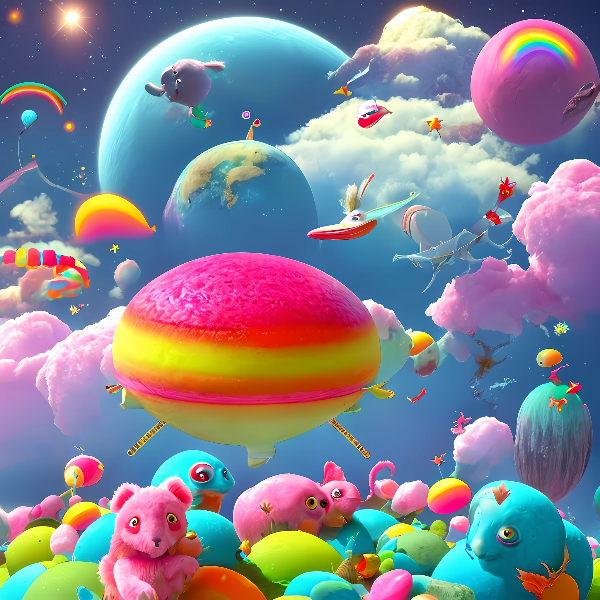 Amazing happy fantasy planet with rainbow, cotton candy and cute animals, inanimate pop dragon, 3D