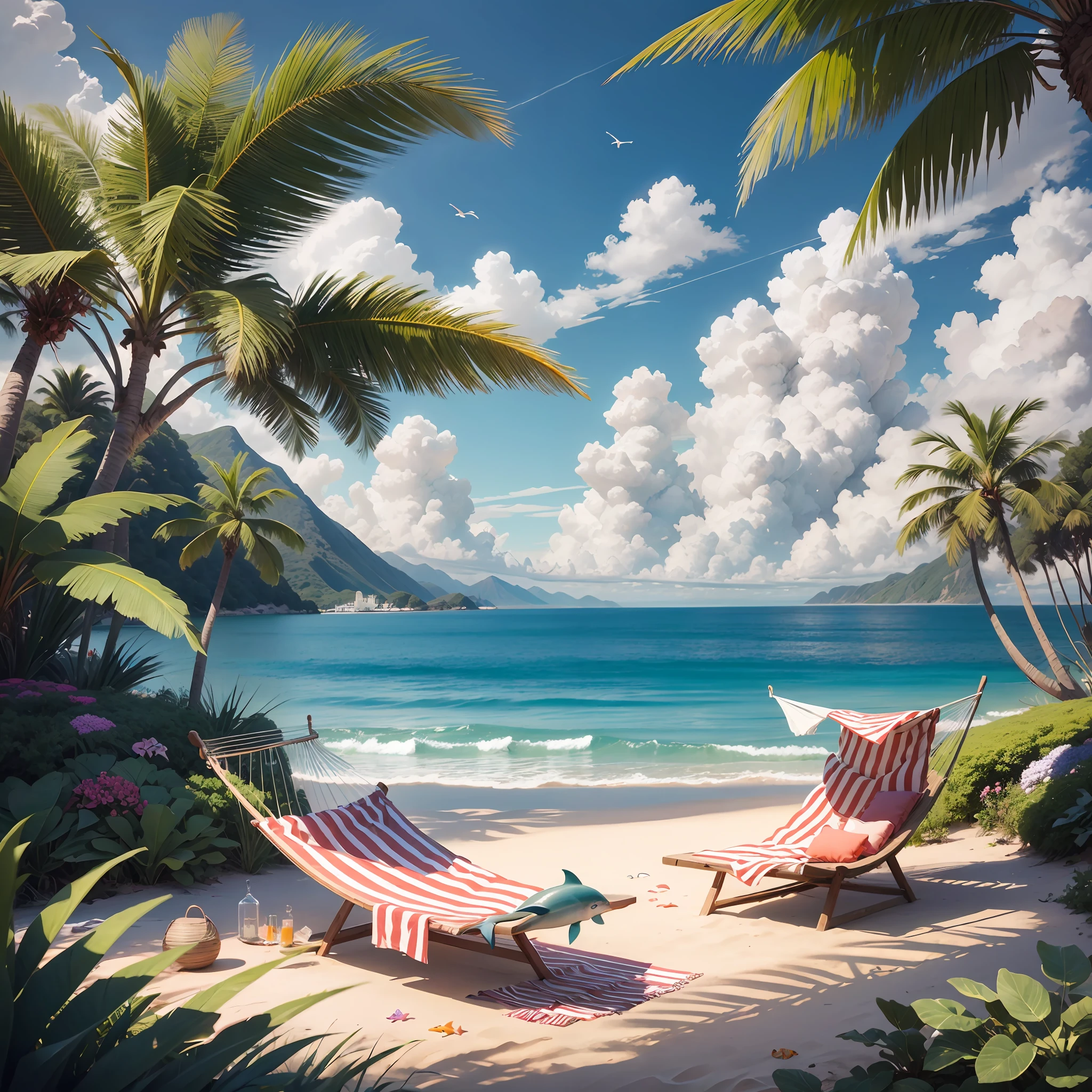 south island, hammock, palm tree, in the sea, coral reef, sea turtle, fish, dolphin, blue sky, heart cloud --auto --s2