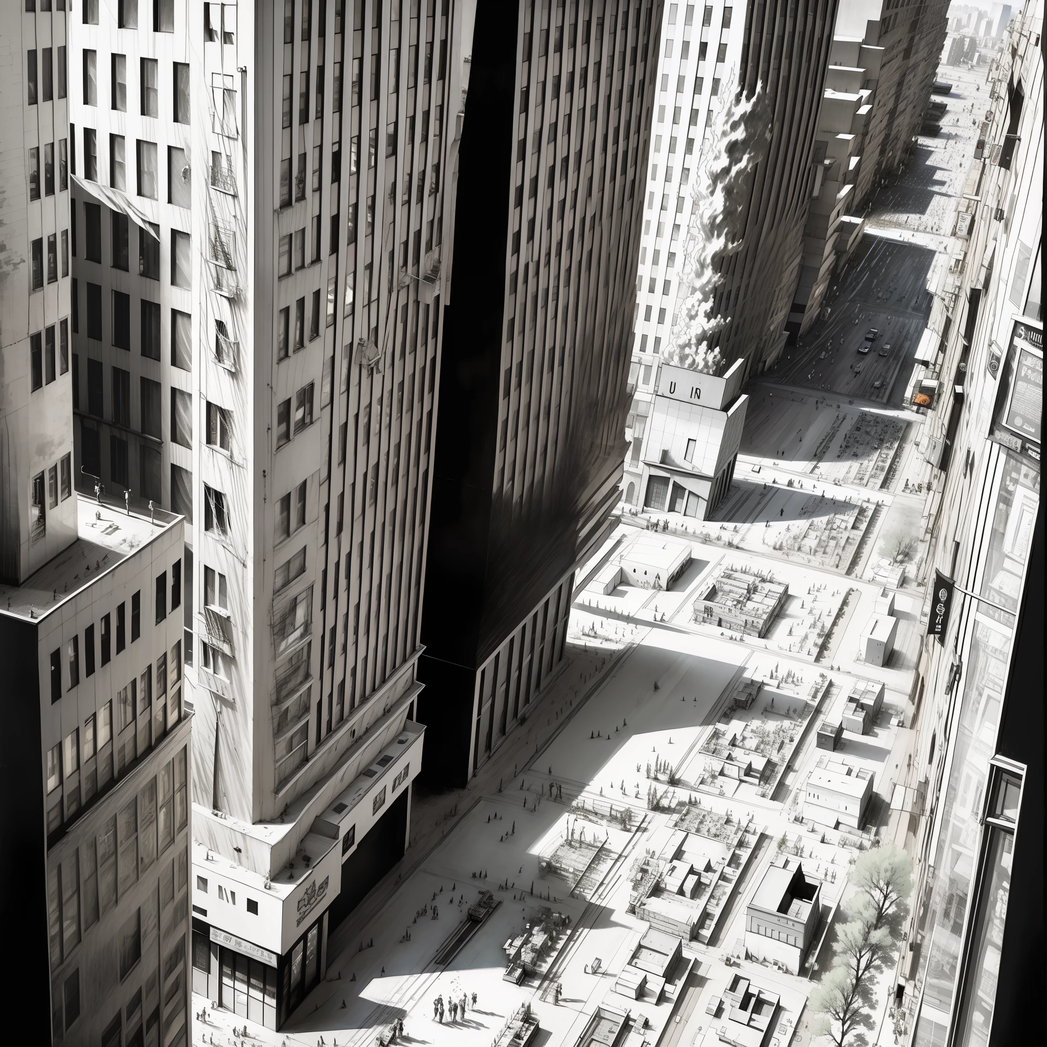 big city,perpecstiva,detailed,lineart clean,manga panel,black and white,