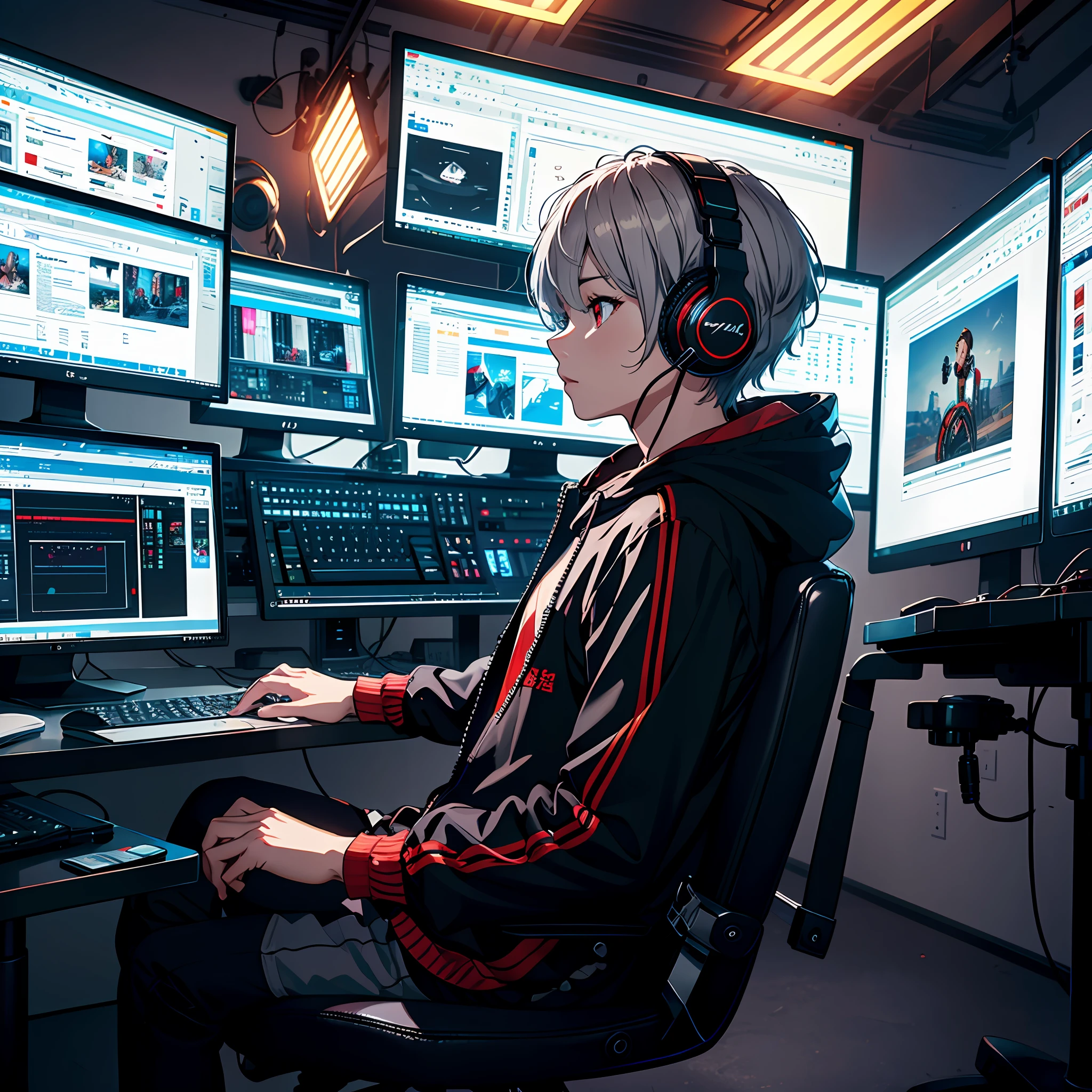 High resolution, super detailed, monitor, computer, brunette hair, multiple boys, sitting, keyboard (computer), chair, indoor, microphone, headphones, gray hair, hood, Chinese text, 2boys, short hair, jacket, red eyes, studio, studio, big screen in the middle, lots of monitors around
