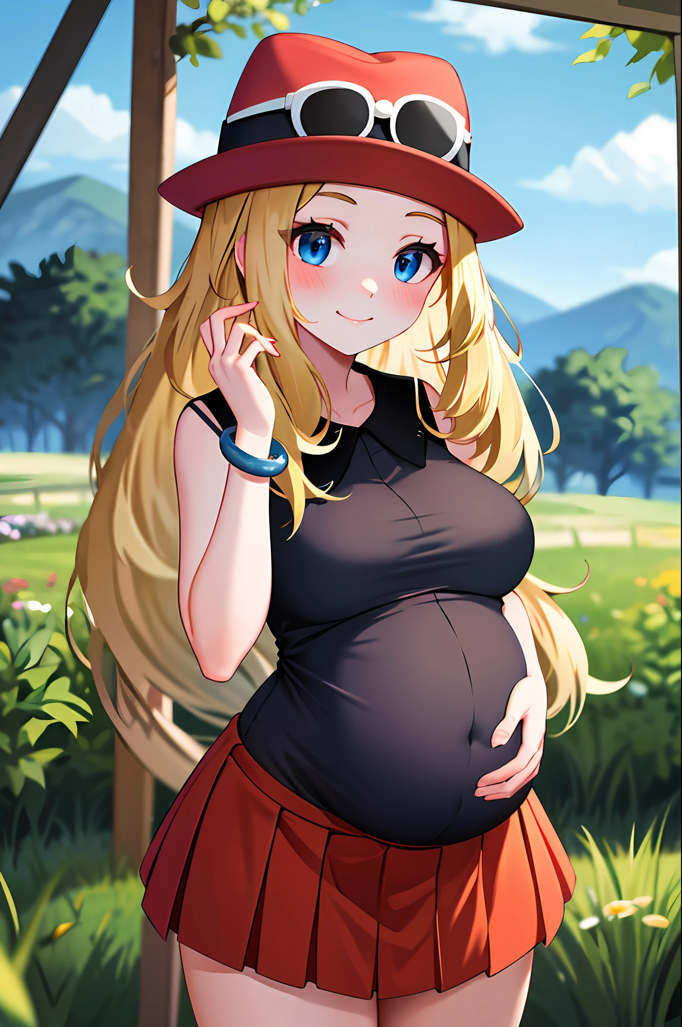 masterpiece, best quality, highres, blue eyes, serene \(pokemon\), 1girl, solo, thighs, long hair, hat, jewelry, bracelet, black thighs, collared shirt, pleated skirt, red skirt, sleeveless, low waist skirt, sleeveless shirt, eyelashes, pink hat, black shirt, glasses on the head, upper body, field, smile, closed mouth, blush, pregnant, advanced pregnancy,  Obvious pregnancy, both hands in the lower abdomen, button-down blouse, low-cut blouse, wide neckline.