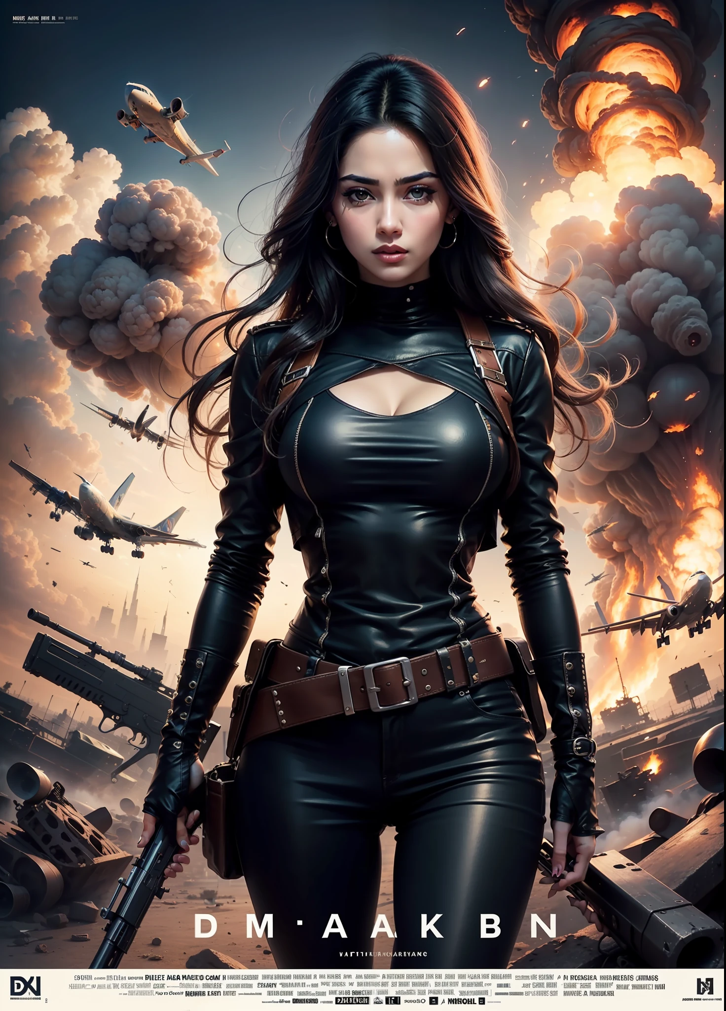 Arab movie poster, beautiful woman, medium dark long hair, with big gun in hands, black clothes, rivets, explosions, dubai, airplanes, just one body