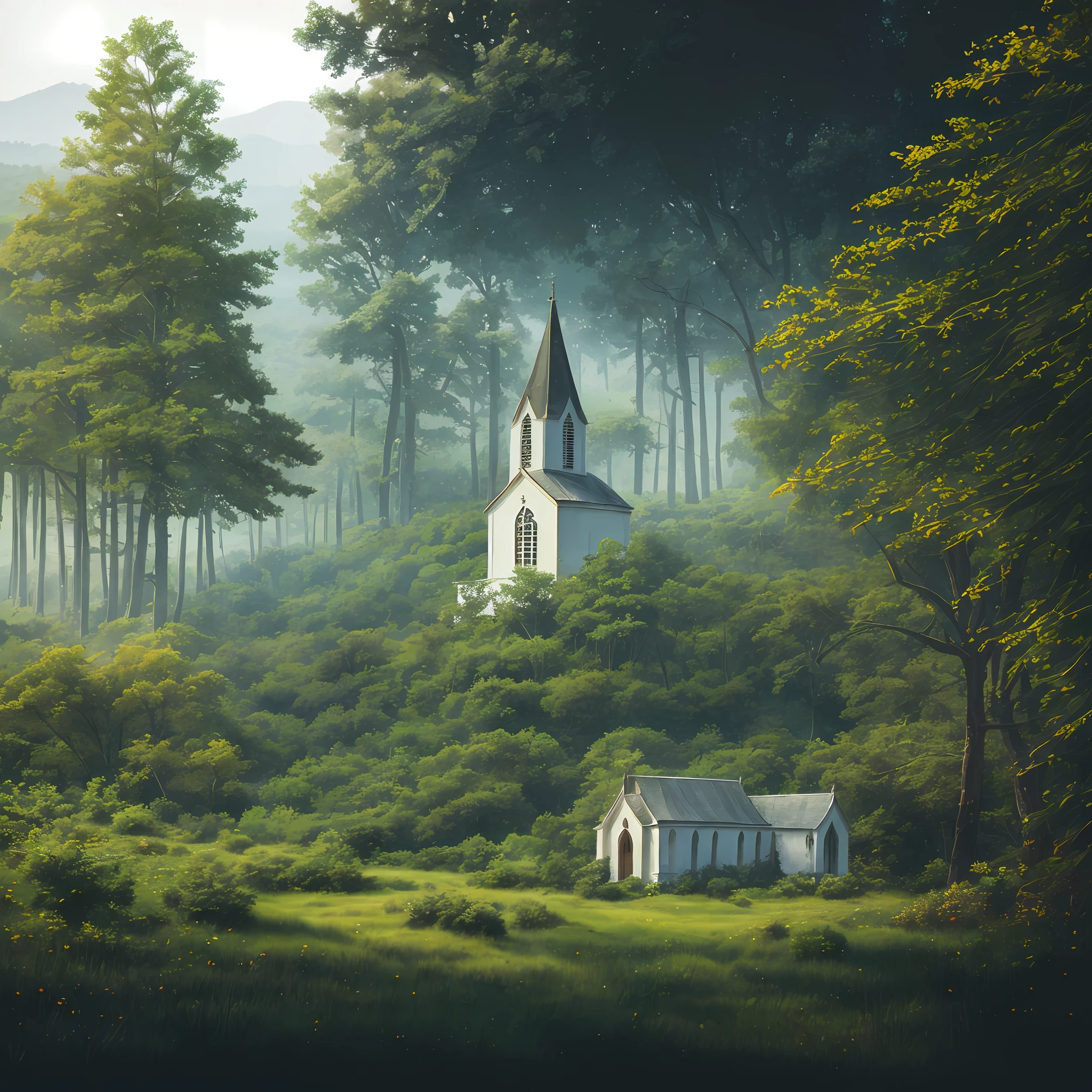 Watercolor drawing, Computer visualized graphics, whirlwind of leaves, "Majestic mountains," "Lush forests," "Glittering lakes," "Desert dunes," "Golden sunsets." realistic fantasy, Extensive landscape ultra photography (general view showing the old chapel in the foreground, the walls of the chapel in ivy, the forest, slope, white moss and tall pines and the old chapel entwined with ivy), blurred background, in the distance rocks, shore, gloomy, green, warm, magic