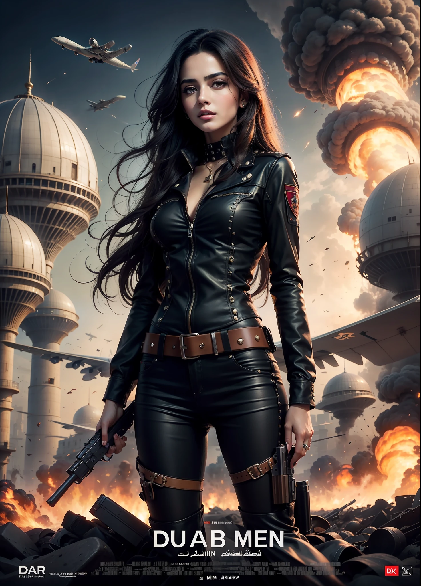Arab movie poster, beautiful woman, medium dark long hair, with big gun in hands, black clothes, rivets, explosions, dubai, airplanes, just one body