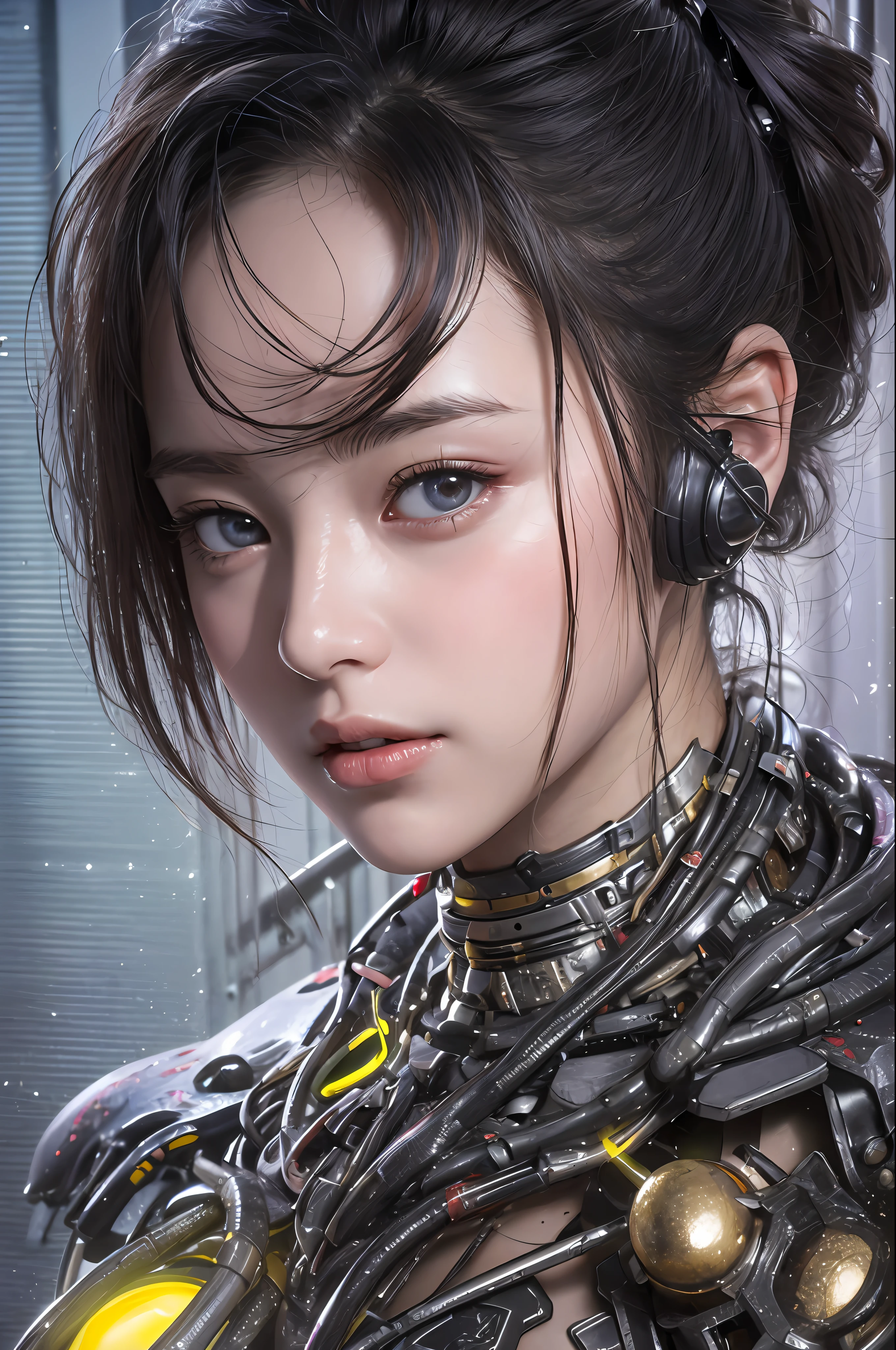 Top Quality, Masterpiece, Ultra High Resolution, (Photorealistic: 1.4), Raw Photo, 1 Girl, Black Hair, Glossy Skin, 1 Mechanical Girl, (Ultra Realistic Detail)), Portrait, Global Illumination, Shadows, Octane Rendering, 8K, Ultra Sharp, Big, Cleavage Exposed Raw Skin, Metal, Intricate Ornament Details, Headset, Hydraulic cylinder, very intricate details, realistic light, CGSoation trend, purple eyes, glowing eyes, facing the camera, neon details, mechanical limbs, blood vessels connected to tubes, mechanical vertebrae attached to the back, mechanical cervical attachment to the neck, sitting, wires and cables connecting to the head, cyberpunk, small LED lamps,