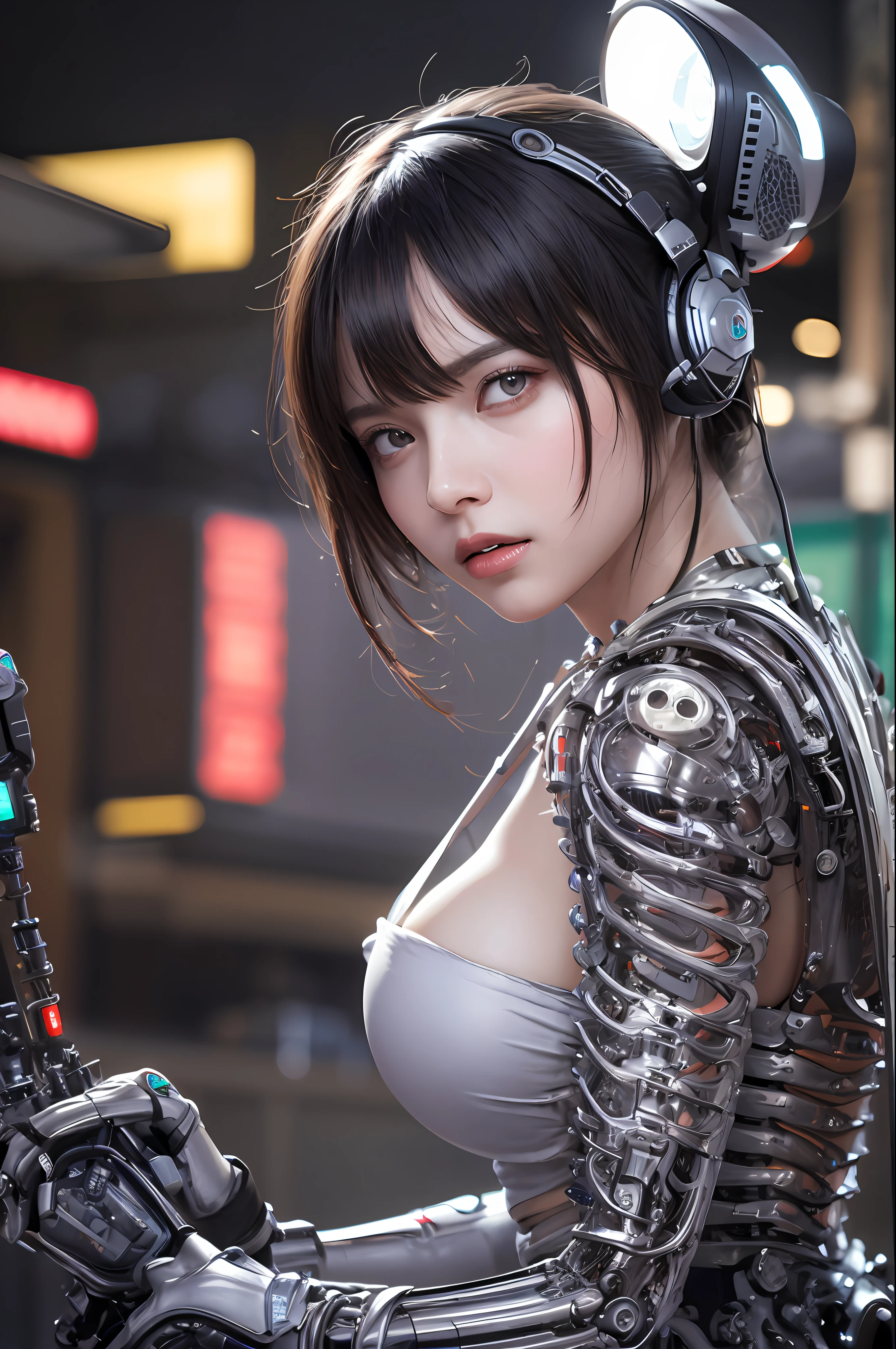 Top Quality, Masterpiece, Ultra High Resolution, (Photorealistic: 1.4), Raw Photo, 1 Girl, Black Hair, Glossy Skin, 1 Mechanical Girl, (Ultra Realistic Detail)), Portrait, Global Illumination, Shadows, Octane Rendering, 8K, Ultra Sharp, Big, Cleavage Exposed Raw Skin, Metal, Intricate Ornament Details, Headset, Hydraulic cylinder, very intricate details, realistic light, CGSoation trend, purple eyes, glowing eyes, facing the camera, neon details, mechanical limbs, blood vessels connected to tubes, mechanical vertebrae attached to the back, mechanical cervical attachment to the neck, sitting, wires and cables connecting to the head, cyberpunk, small LED lamps,